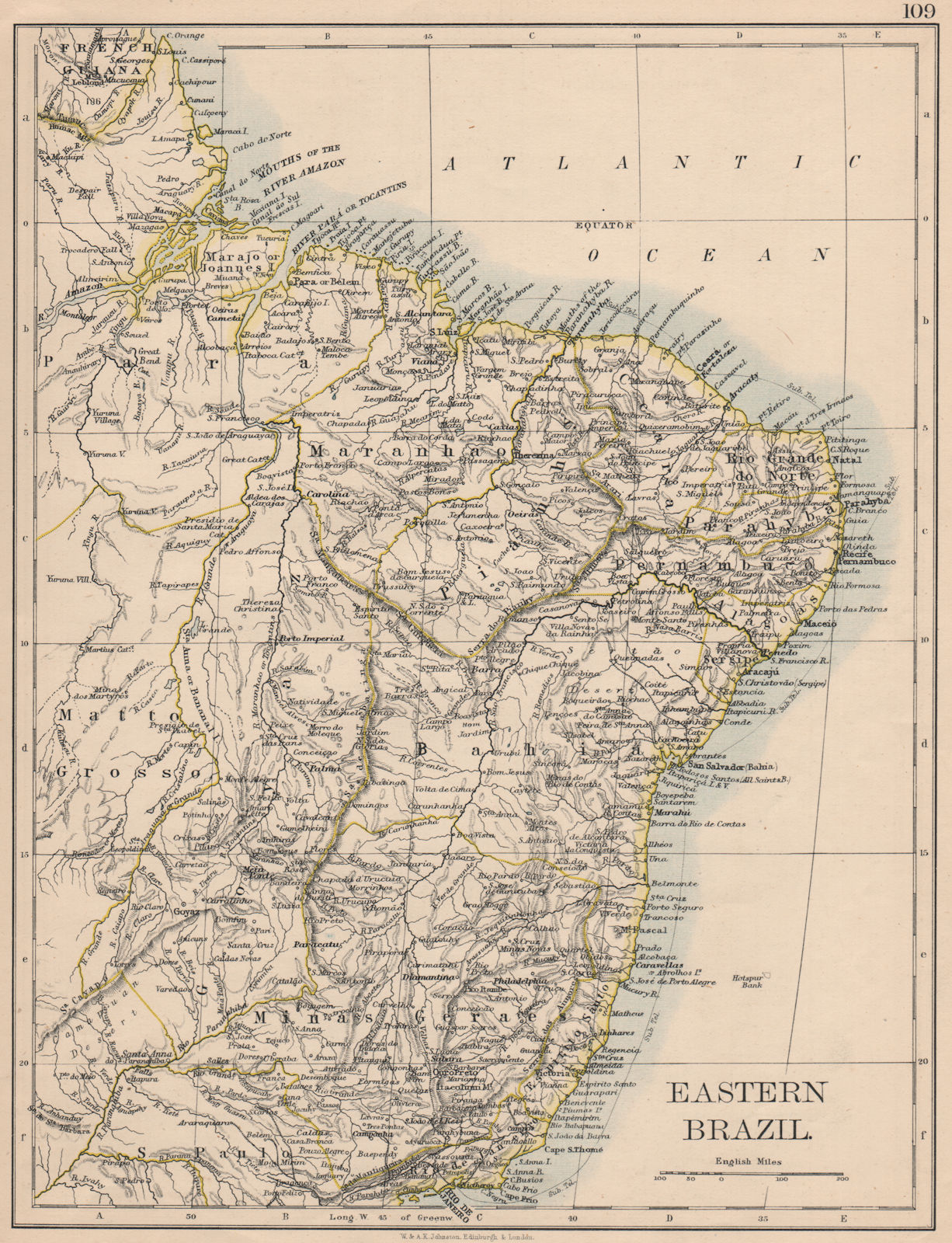 Associate Product EASTERN BRAZIL. Bahia Minas Gerais Pernambuco Marabhao.  JOHNSTON 1895 old map