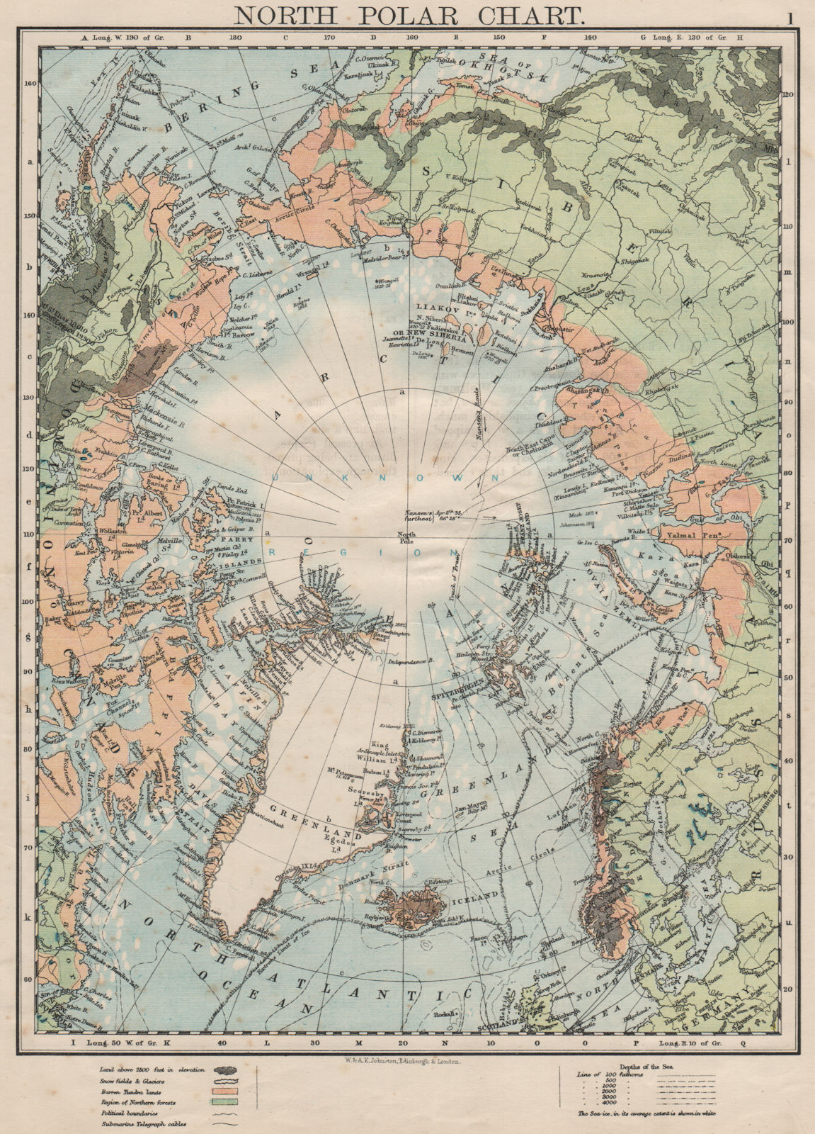 NORTH POLAR CHART. Shows explorers' routes. Nansen 1895. JOHNSTON 1900 ...