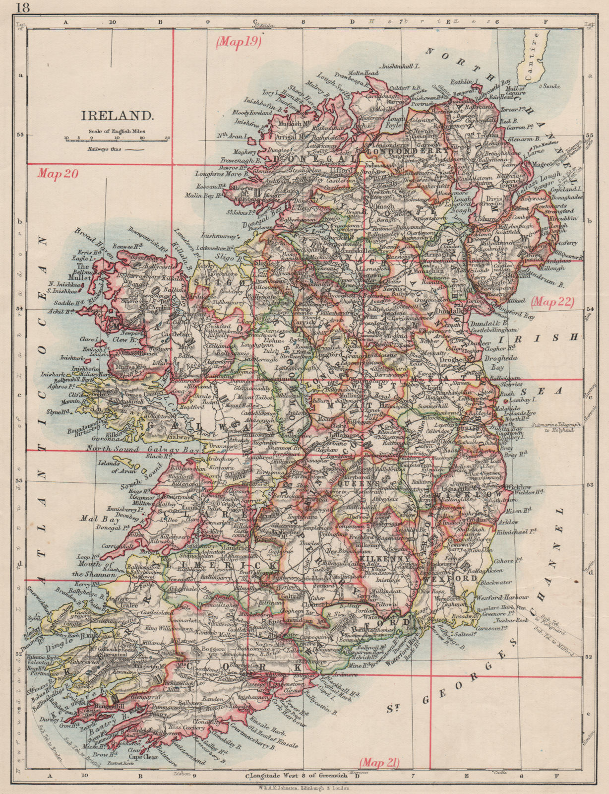 Associate Product IRELAND. Showing counties. Undersea telegraph cables.  JOHNSTON 1900 old map