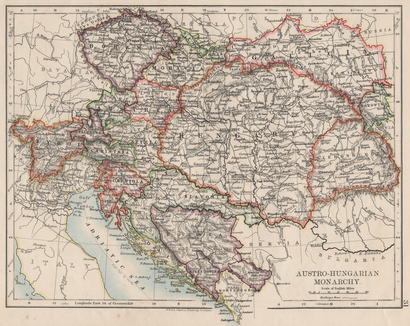 AUSTRO-HUNGARIAN MONARCHY. Dalmatia Slavonia Siebenburgen &c.  JOHNSTON 1900 map