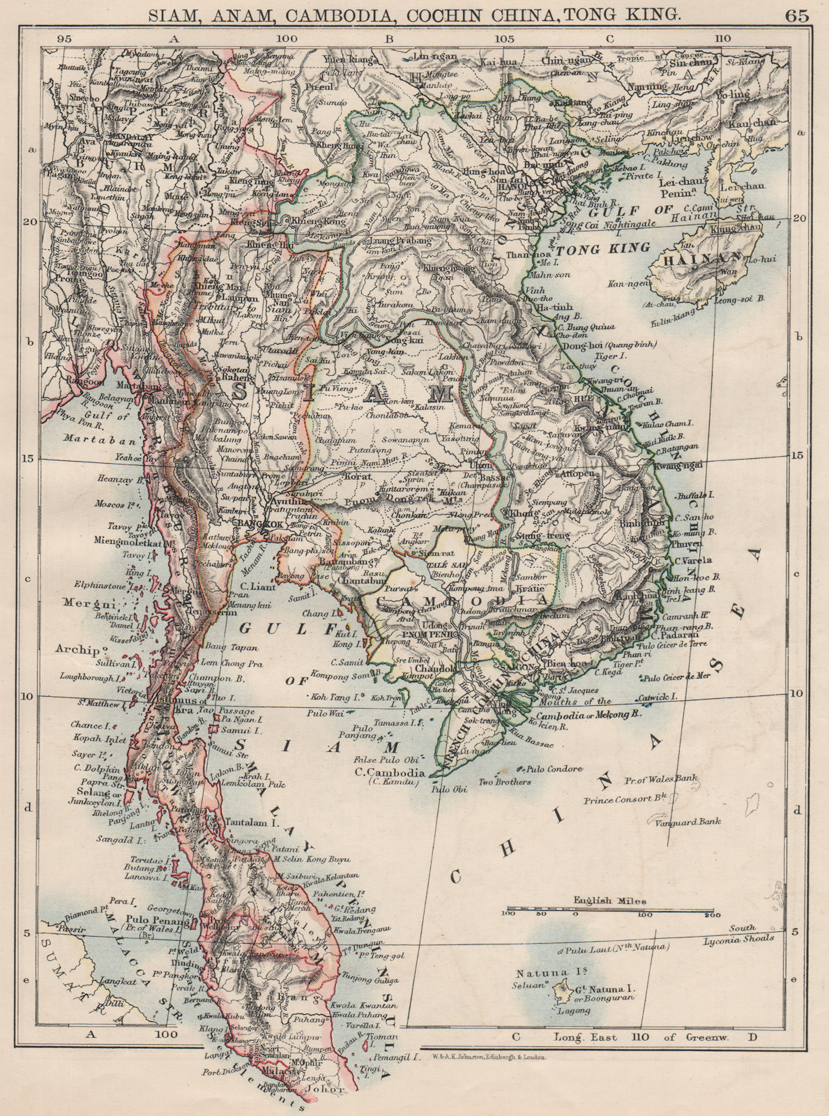 Associate Product INDOCHINA.Siam with British & French spheres. Burma Cambodia Anam  1900 map