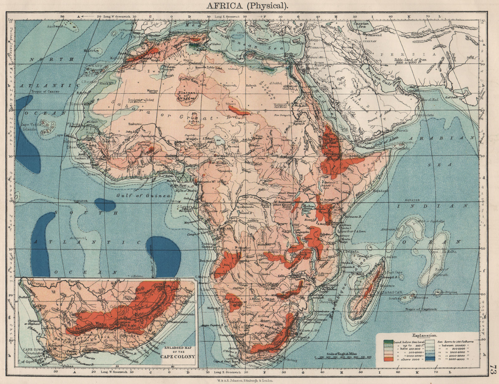 Associate Product AFRICA PHYSICAL. Relief ocean depths rivers. JOHNSTON 1900 old antique map