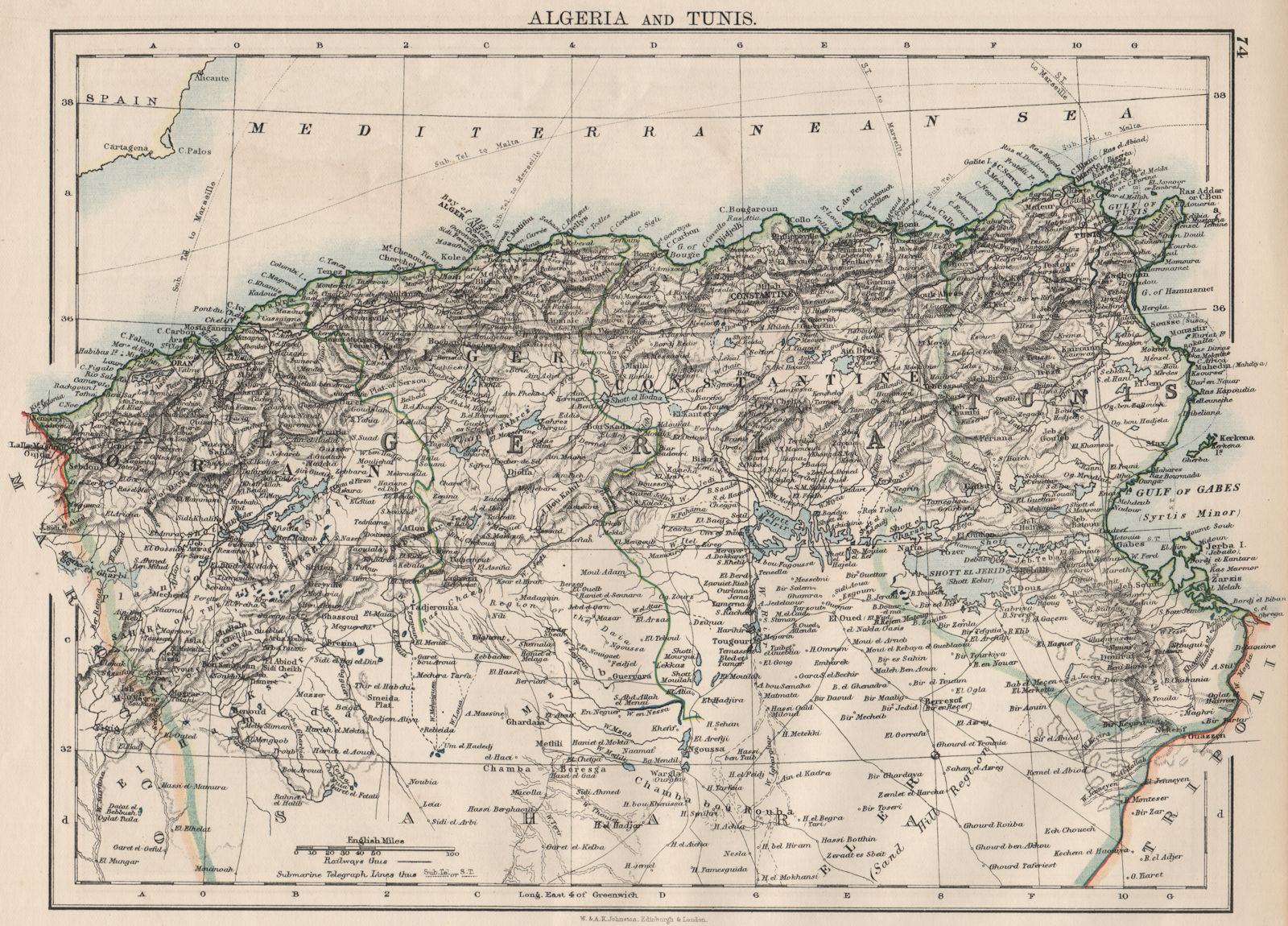 ALGERIA & TUNIS. Maghreb Tunisia. Provinces. Telegraph cables. JOHNSTON 1900 map