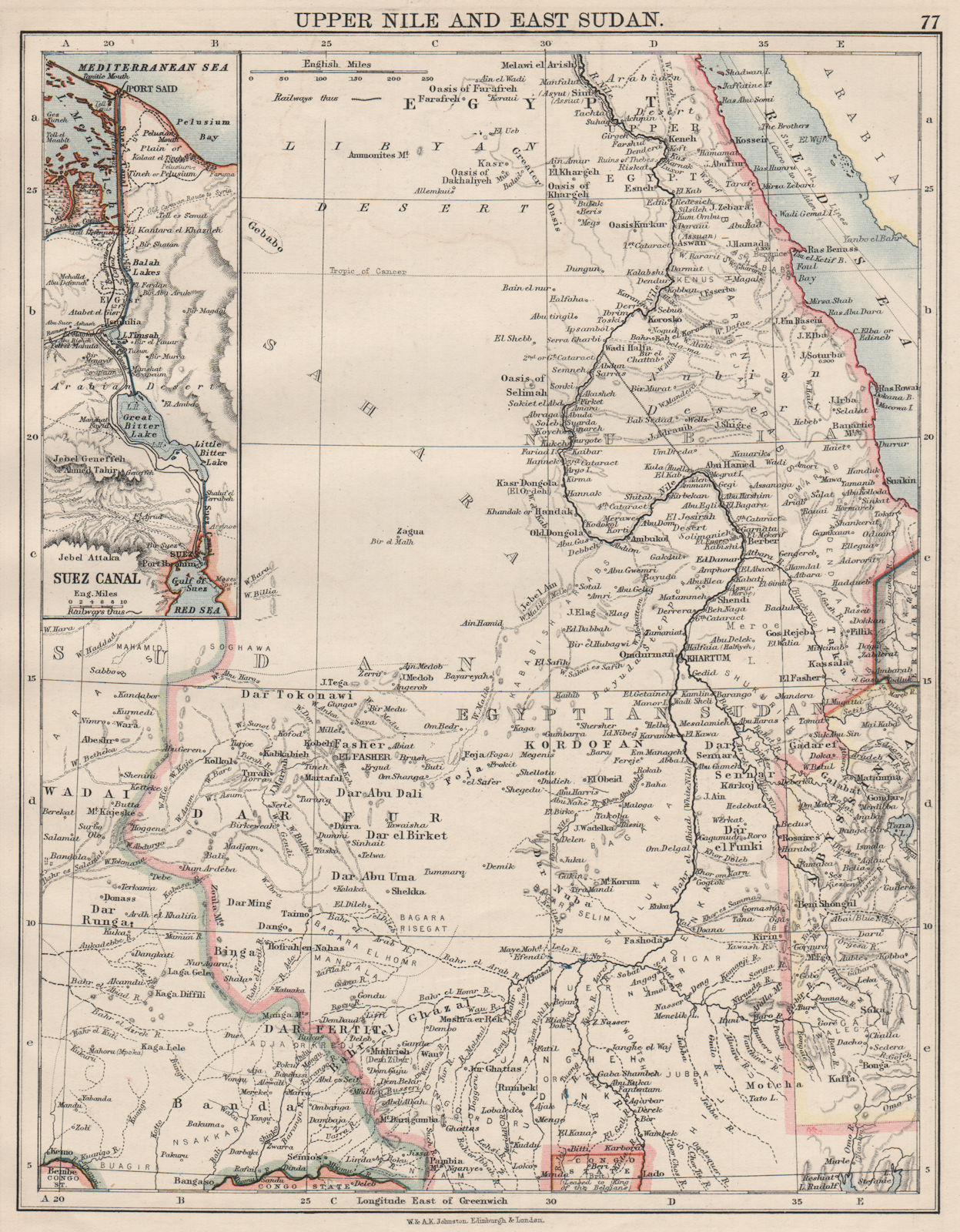 UPPER NILE, EAST SUDAN & SUEZ CANAL. Khartoum.White/Blue Nile. JOHNSTON 1900 map