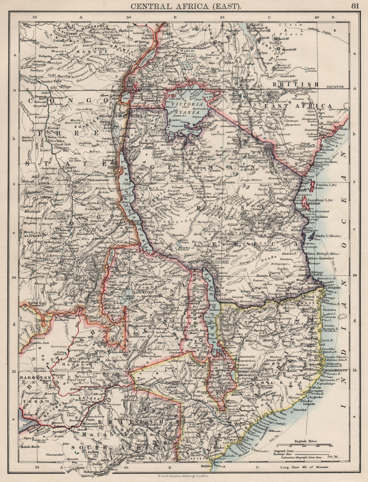 COLONIAL EAST AFRICA. German/British/Portuguese East Africa. Tanzania 1900 map