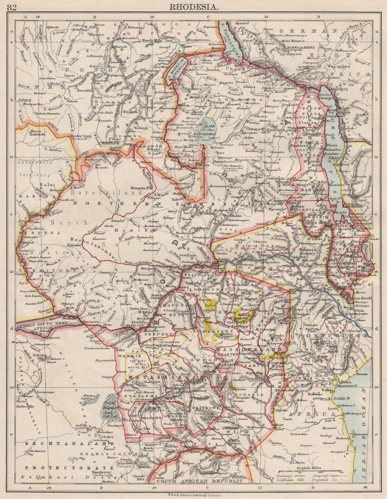 Associate Product RHODESIA. Goldfields (yellow). Zambesia. Zambia Malawi Zimbabwe 1900 map