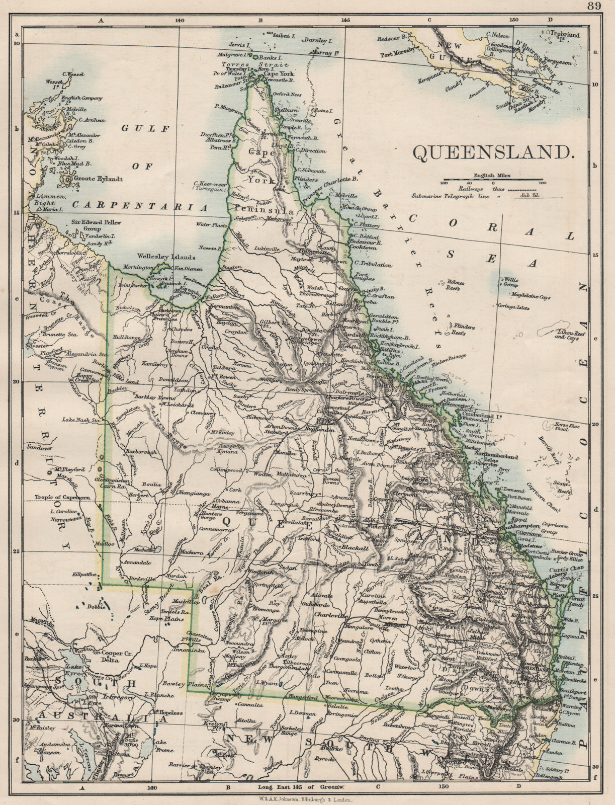 Associate Product QUEENSLAND. State map Brisbane Gold Coast Railways. Australia. JOHNSTON 1900