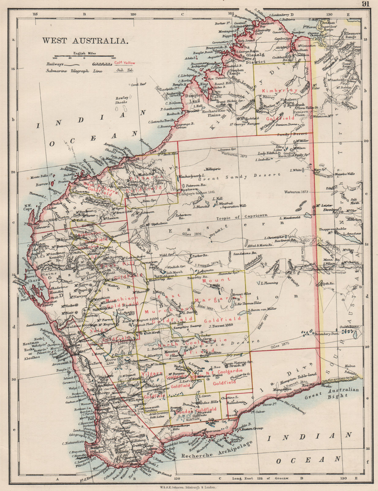Associate Product WEST AUSTRALIA. Goldfields Explorers route Giles Forrest Warburton Roe 1900 map