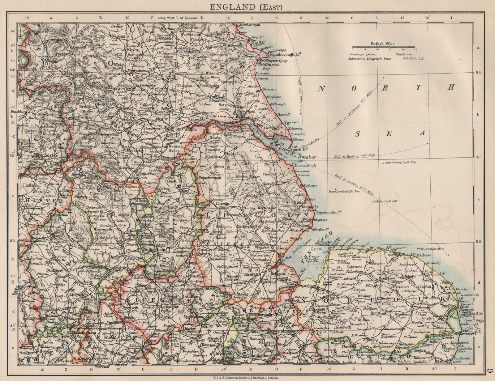 Associate Product EAST ENGLAND. Lincs Norfolk Leics Notts Staffs Derbys Yorks.  JOHNSTON 1903 map