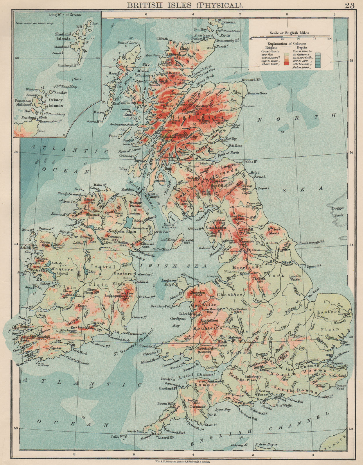 BRITISH ISLES RELIEF. Showing isotherms in January & July. JOHNSTON 1903 map