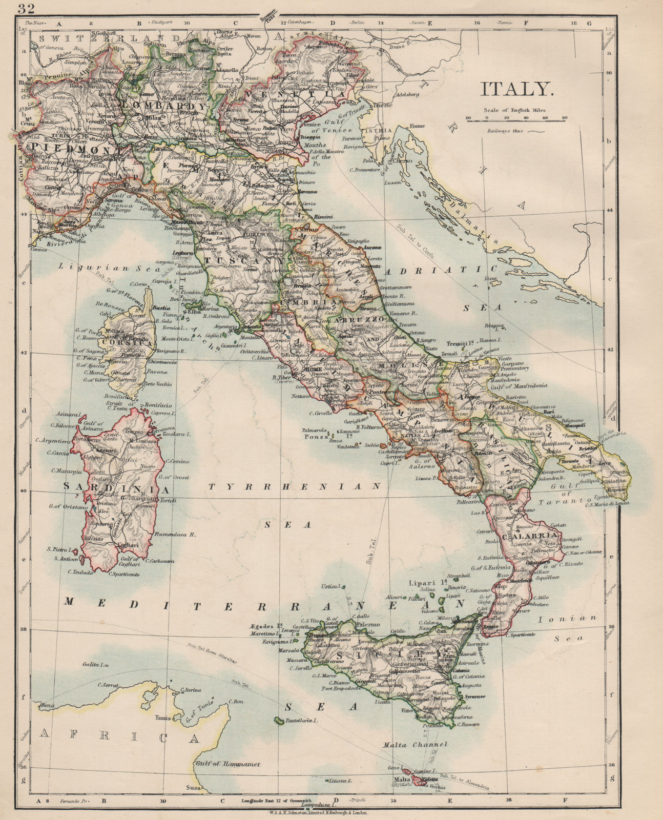 ITALY. Showing states/territorial divisions. JOHNSTON 1903 old antique map