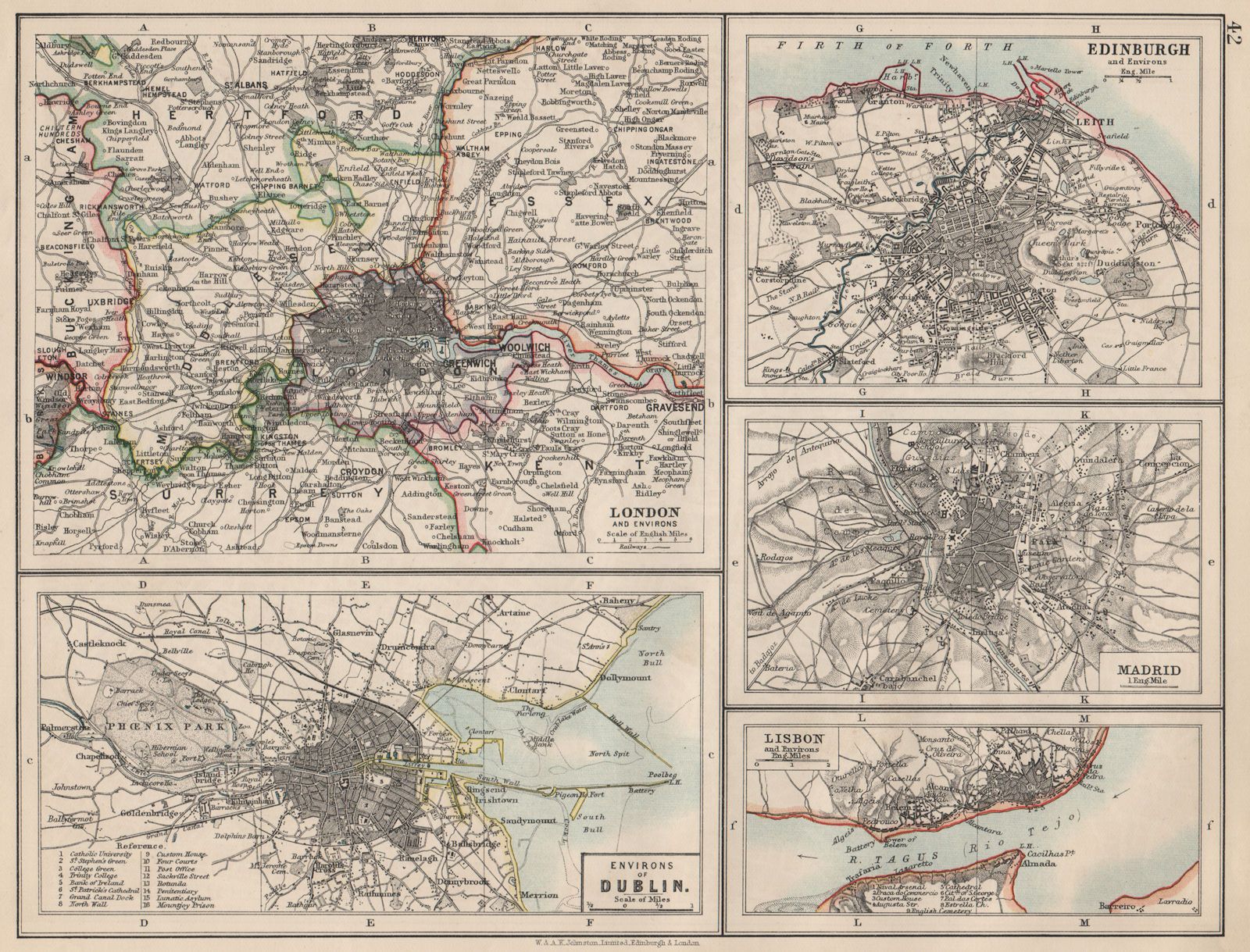 Associate Product EUROPEAN CITIES. London Edinburgh Madrid Lisbon Dublin. JOHNSTON 1903 old map