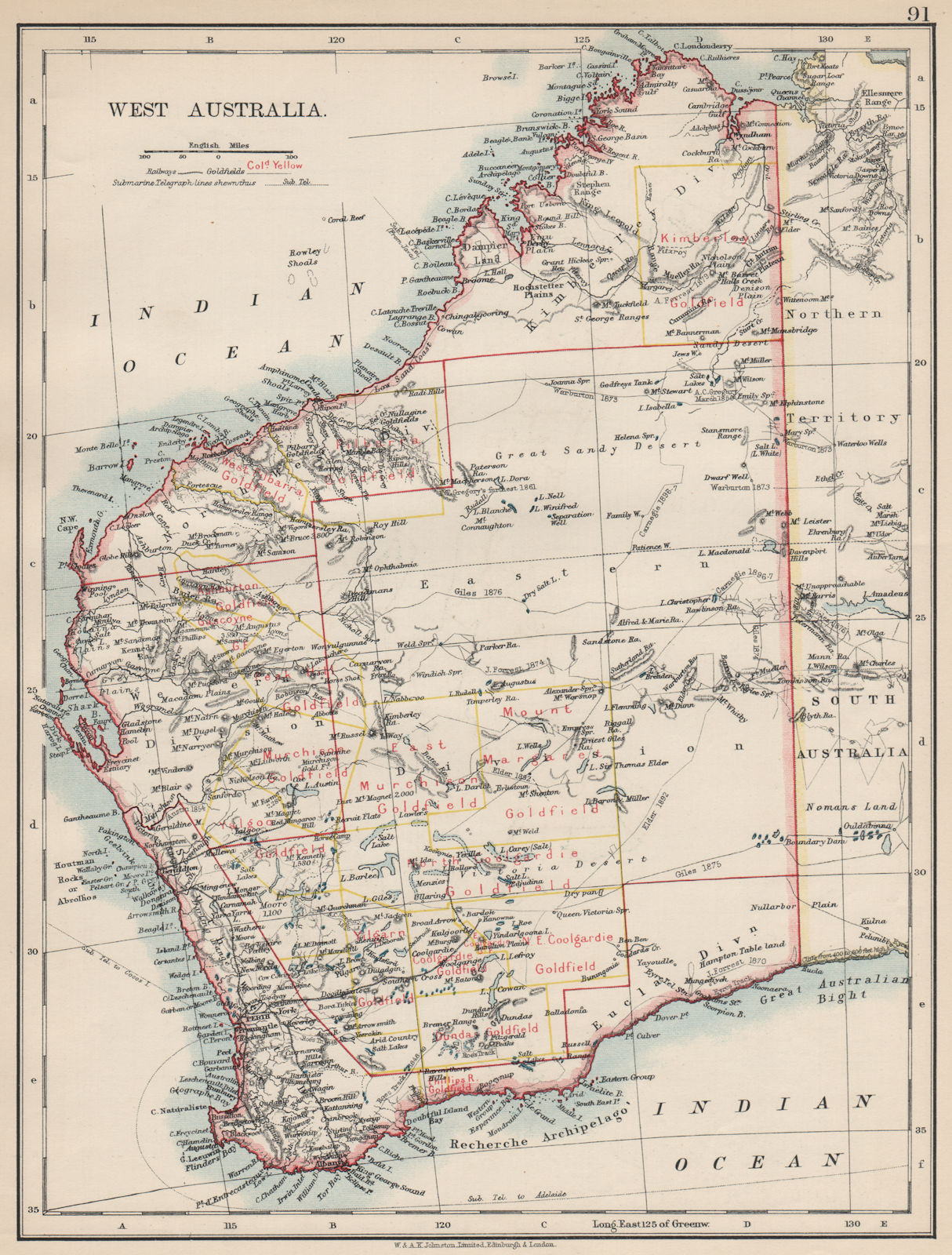 WEST AUSTRALIA. Goldfields Explorers route Giles Forrest Warburton Roe 1903 map