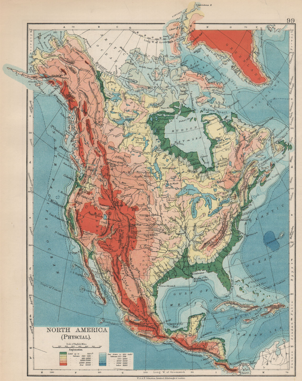 Associate Product NORTH AMERICA PHYSICAL. Relief. Key mountains heights. Ocean depths  1903 map