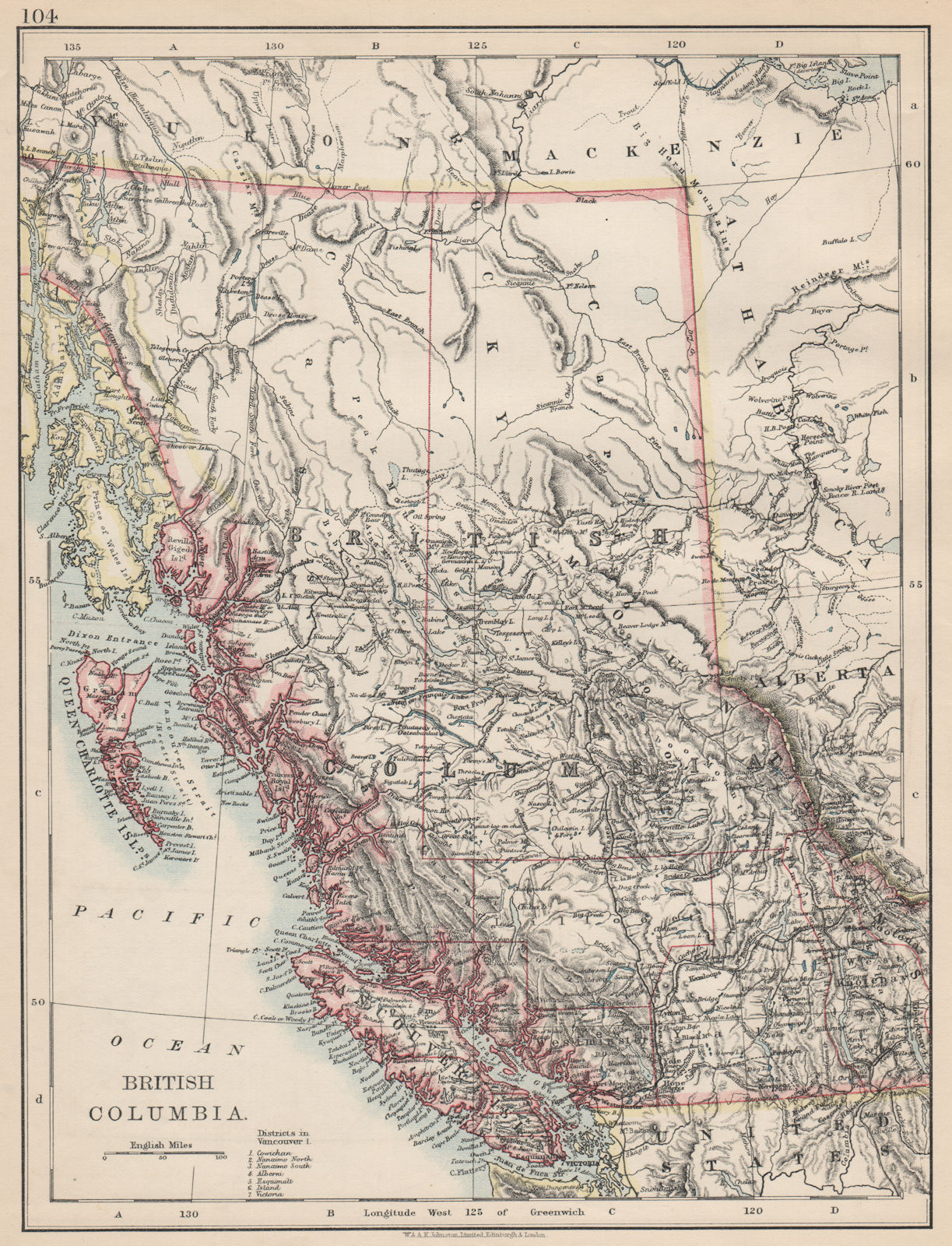 BRITISH COLUMBIA. Province map. Railroads. Vancouver island.  JOHNSTON 1903