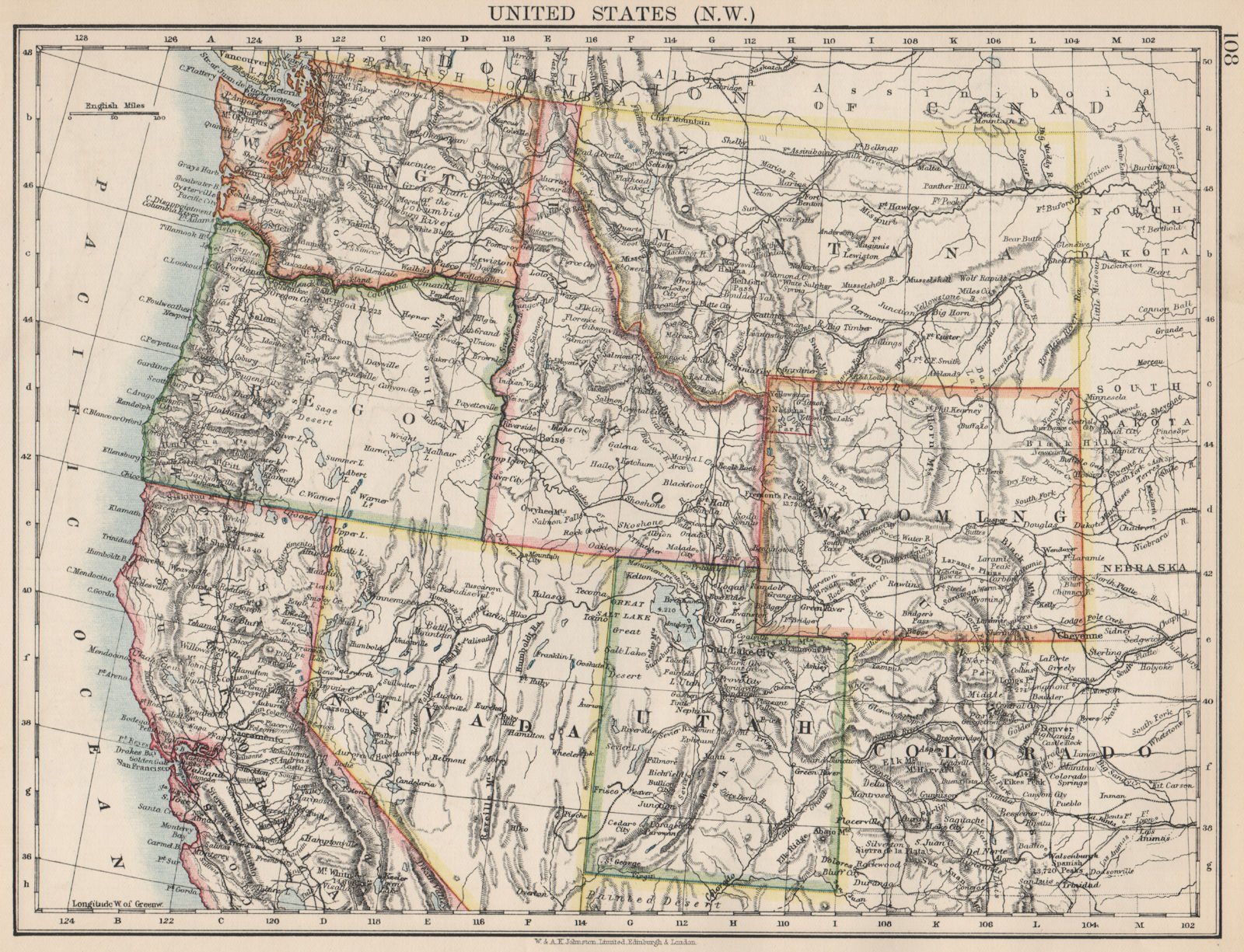 USA NORTH WEST. Washington Oregon ID MT WY Utah Nevada CA.JOHNSTON 1903 map