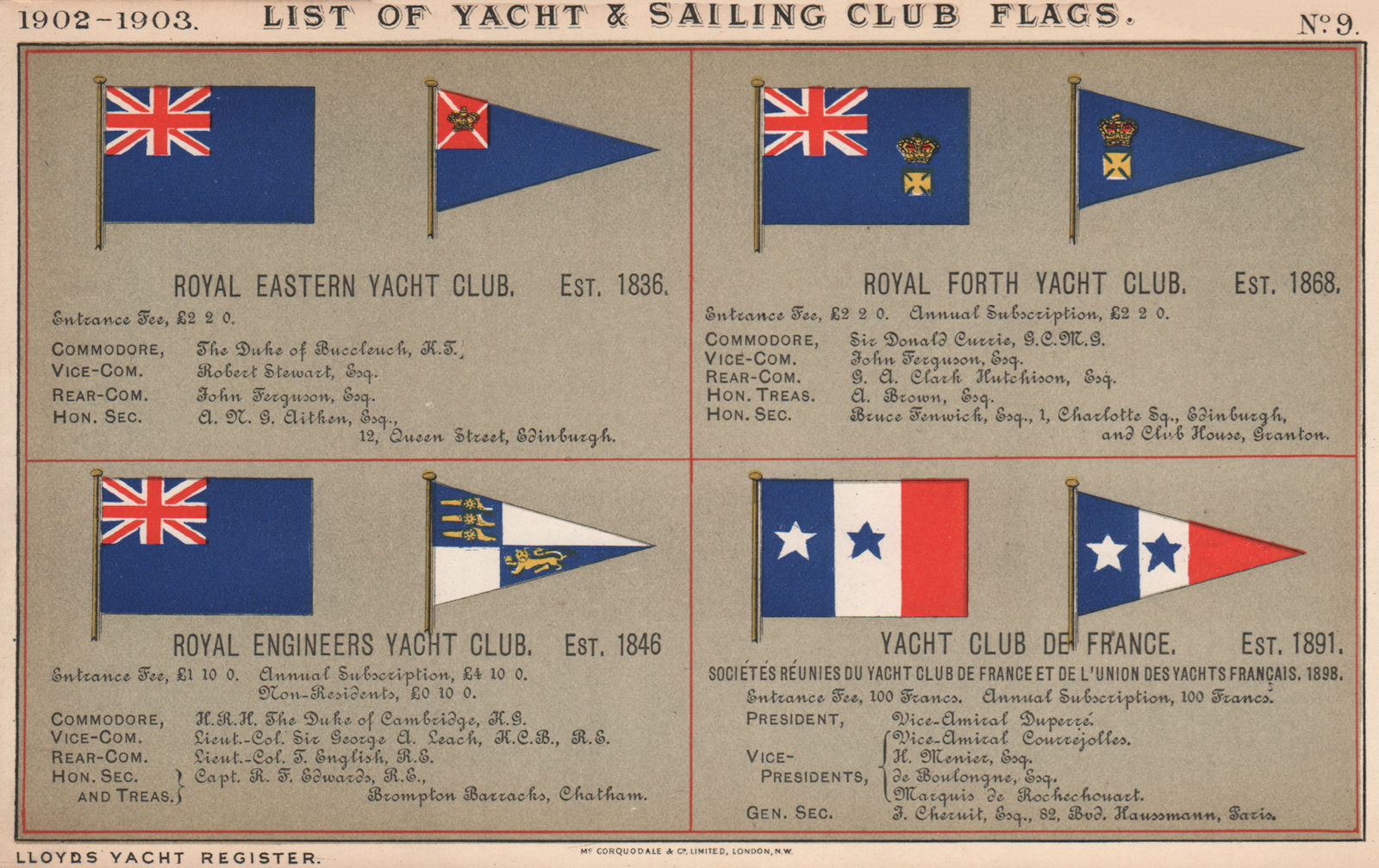 ROYAL YACHT & SAILING CLUB FLAGS. Eastern. Forth. Royal Engineers. France 1902