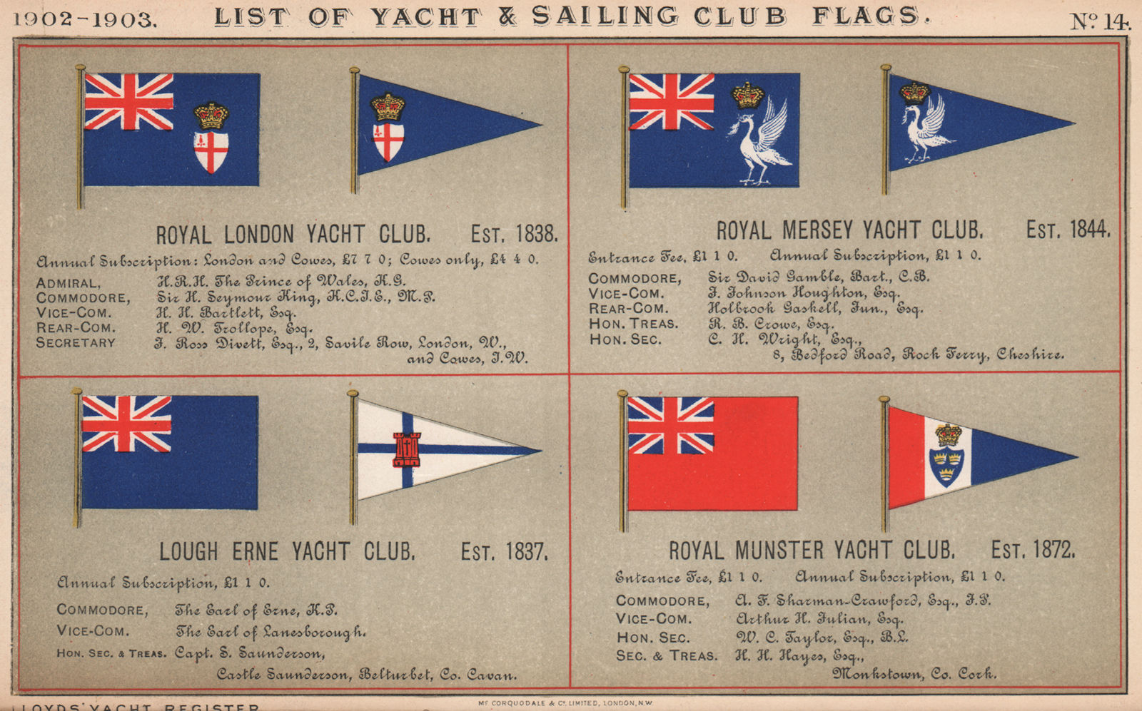ROYAL YACHT & SAILING CLUB FLAGS. London. Mersey. Lough Erne. Munster 1902