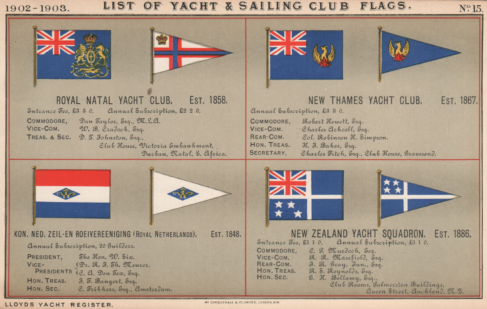ROYAL YACHT/SAILING CLUB FLAGS. Natal. New Thames. Netherlands. New Zealand 1902