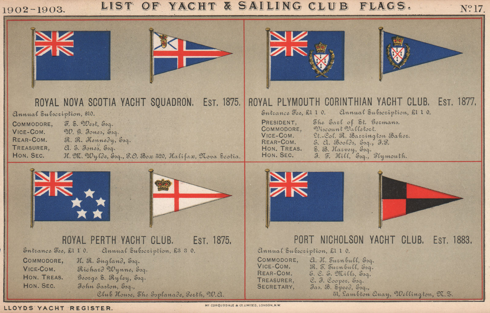 ROYAL YACHT/SAILING CLUB FLAGS Nova Scotia. Plymouth. Perth. Port Nicholson 1902