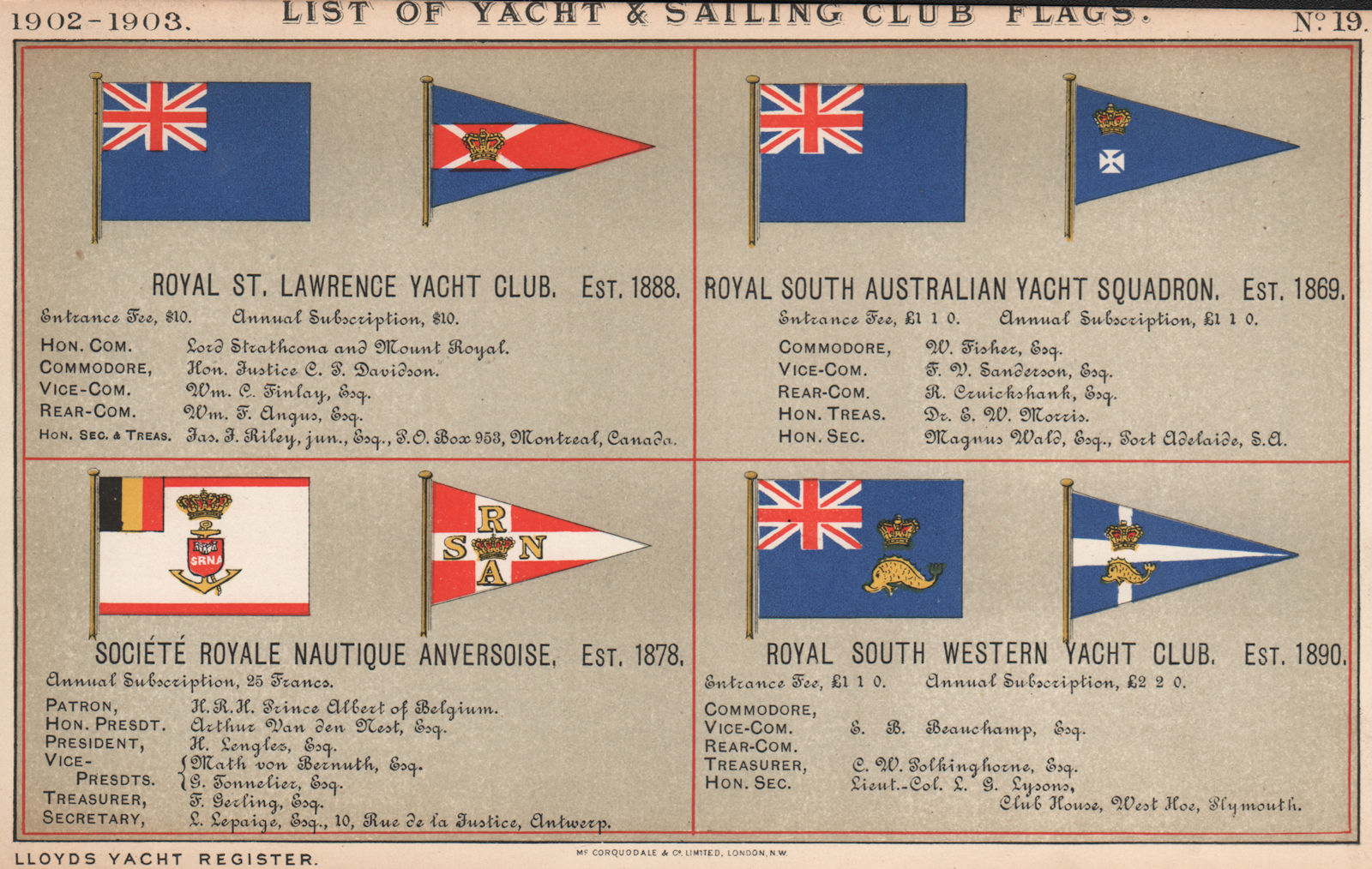 Associate Product ROYAL YACHT CLUB FLAGS St Lawrence South Australian Anversoise S. Western 1902