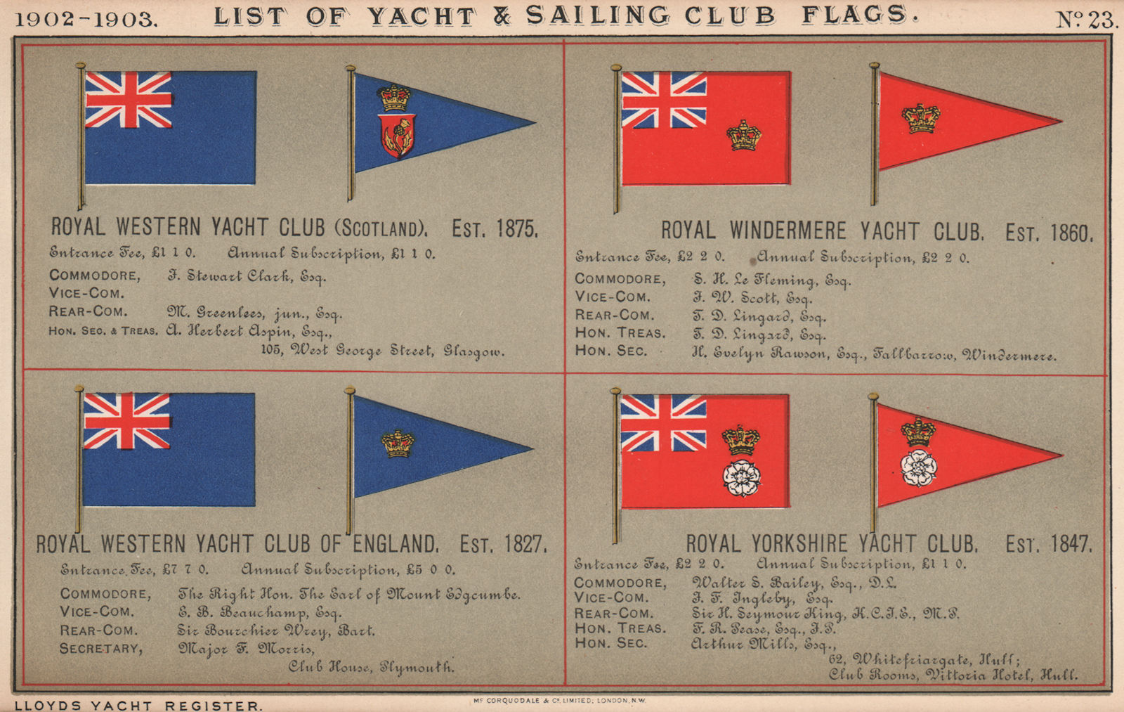 ROYAL YACHT CLUB FLAGS Royal Western Scotland/England Windermere Yorkshire 1902