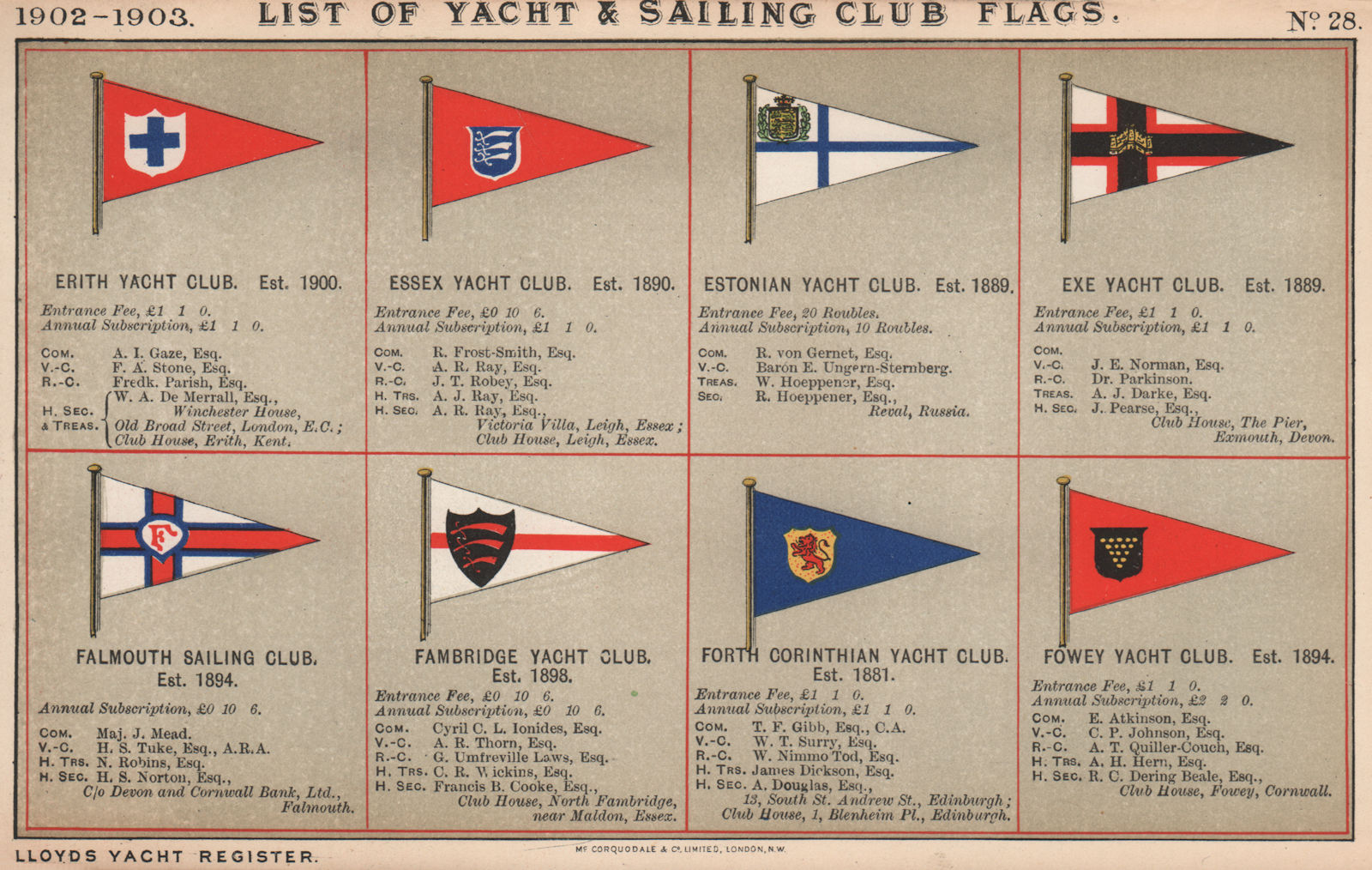 YACHT & SAILING CLUB FLAGS E-F. Erith - Estonian - Exe - Falmouth - Fowey   1902