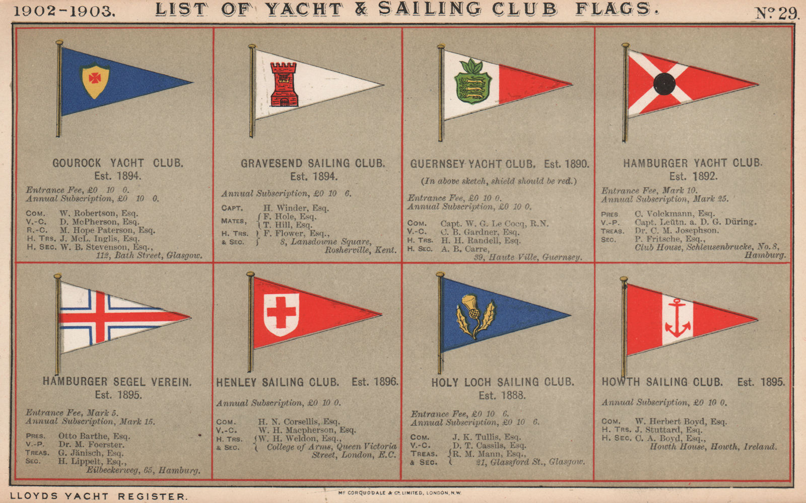 YACHT & SAILING CLUB FLAGS G-H. Gourock - Hamburger - Henley - Howth 1902