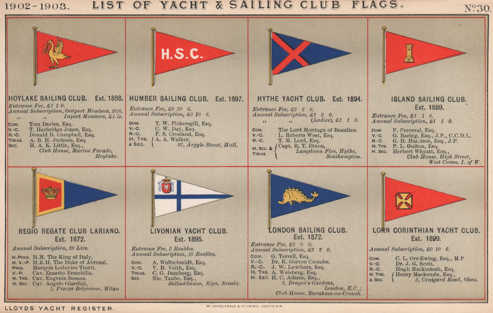YACHT & SAILING CLUB FLAGS H-L. Hoylake- Hythe - London - Lorn Corinthian   1902