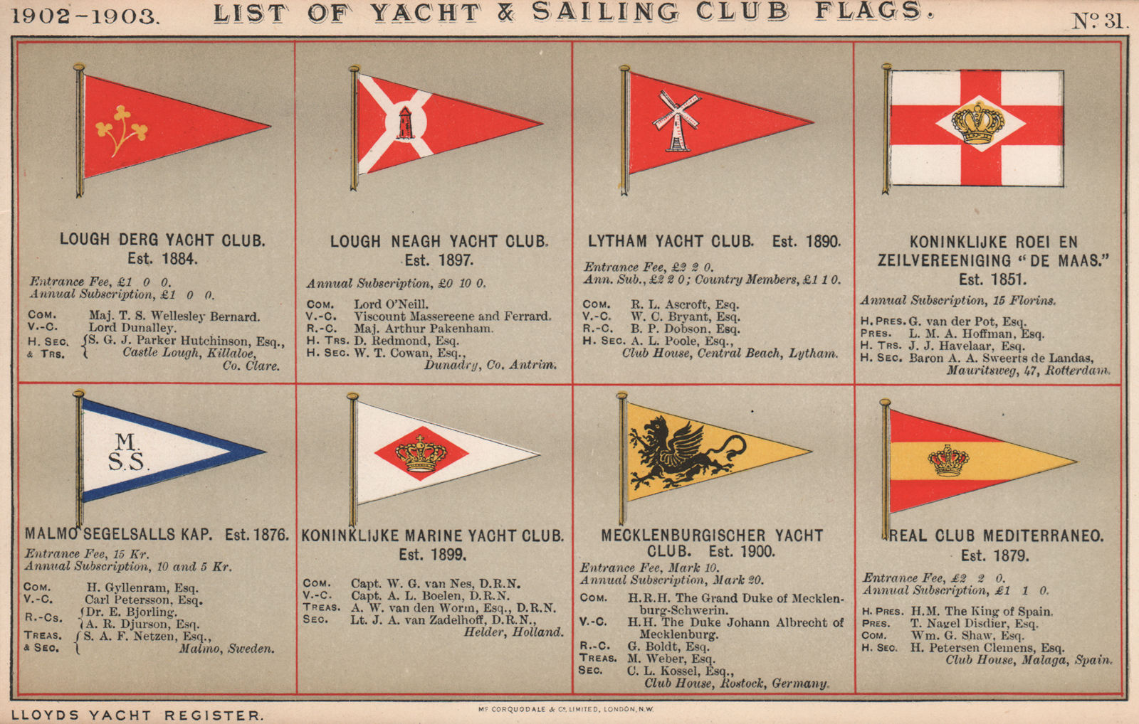 YACHT & SAILING CLUB FLAGS L-M. Lough Derg- Lytham- Real club Mediterraneo  1902