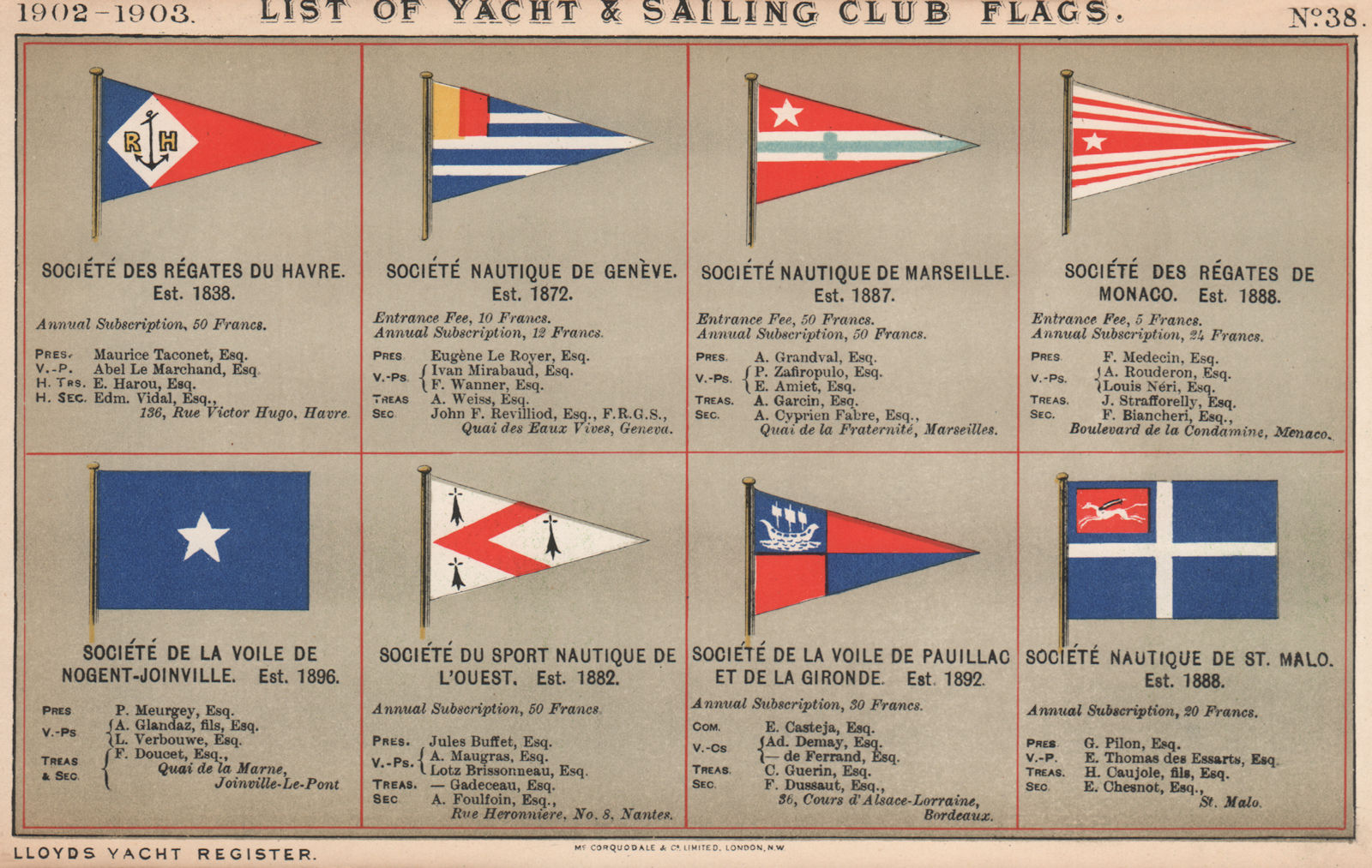 FRENCH YACHT & SAILING CLUB FLAGS S. Sociétés Nautique. Le Havre - St-Malo  1902