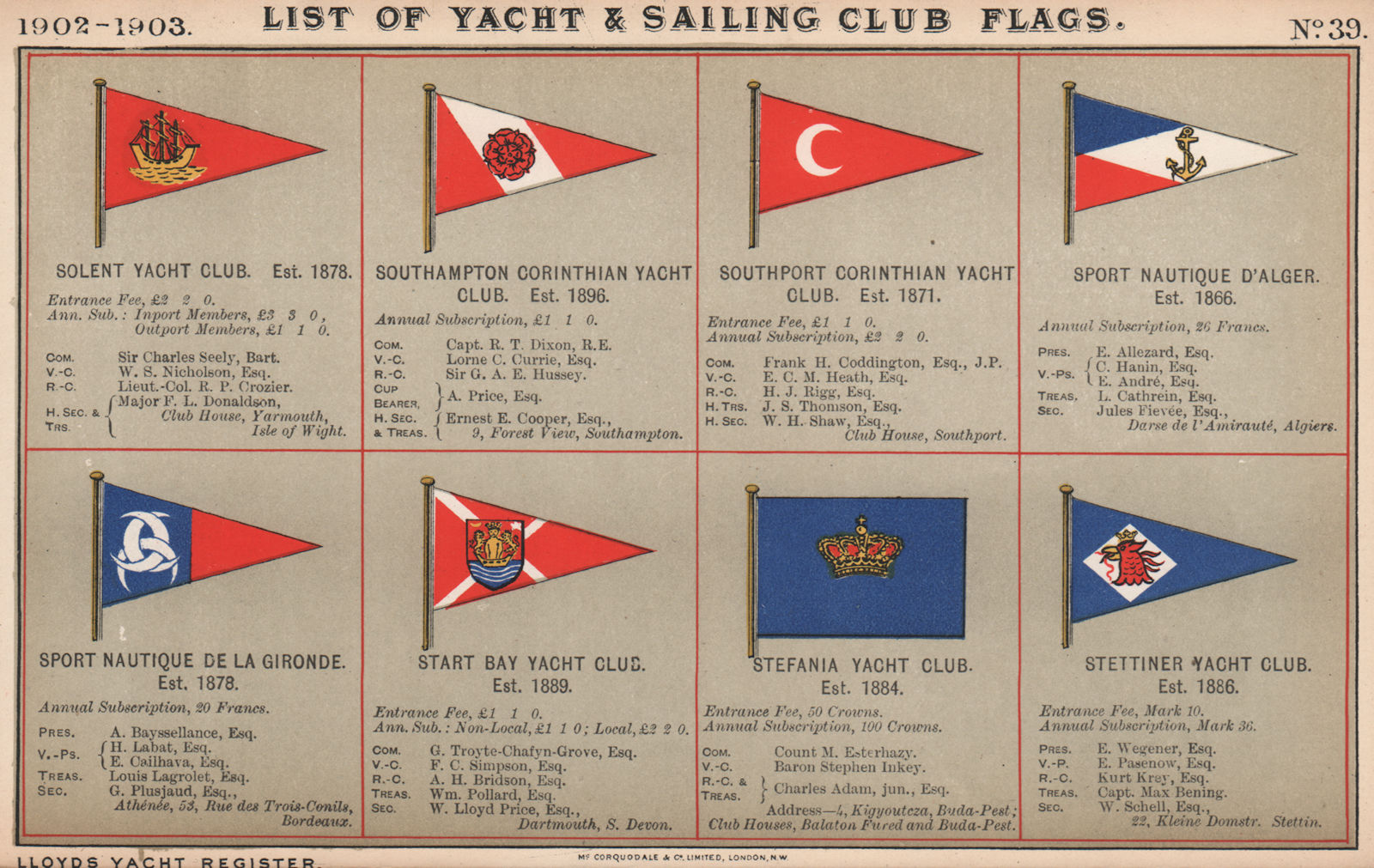 YACHT & SAILING CLUB FLAGS S. Solent - Gironde- Start Bay - Stettiner   1902