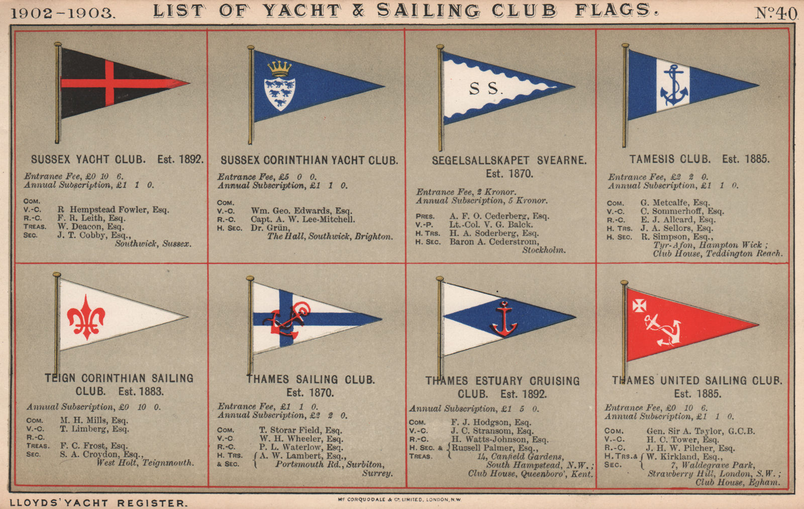 YACHT & SAILING CLUB FLAGS S-T. Sussex - Tamesis - Teign - Thames United 1902