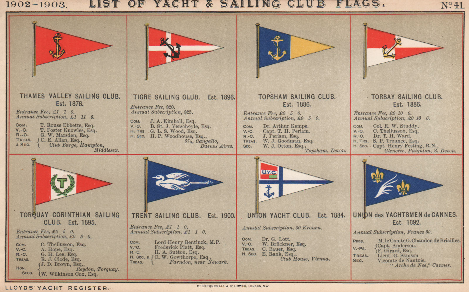 YACHT & SAILING CLUB FLAGS T-U. Thames Valley - Union Yachtsmen de Cannes  1902