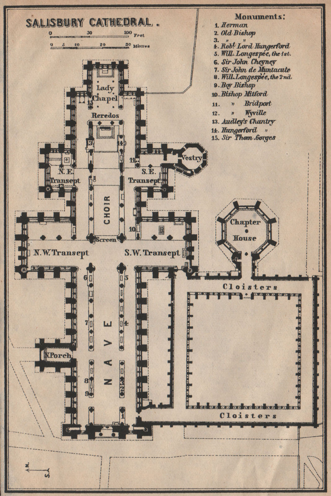 SALISBURY CATHEDRAL ground floor plan. Wiltshire 1906 old antique map chart