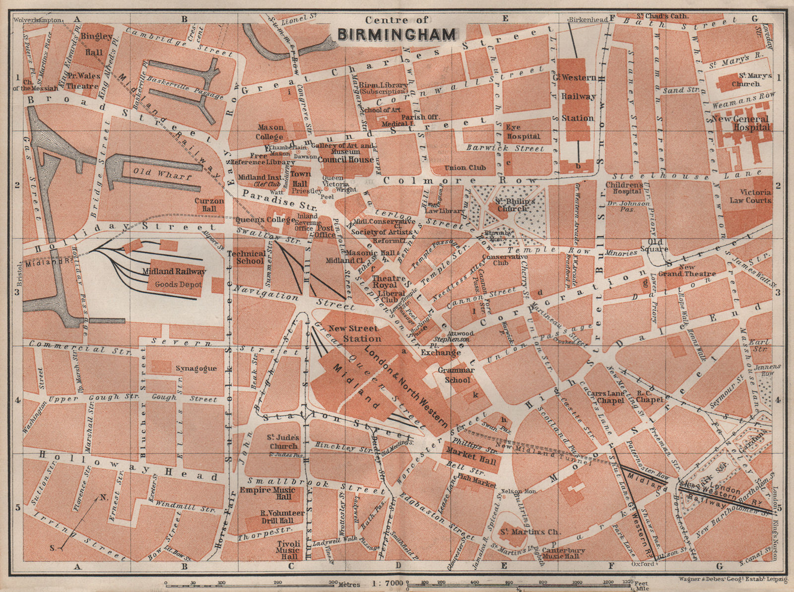 BIRMINGHAM CITY CENTRE antique town plan. BAEDEKER 1906 old map chart