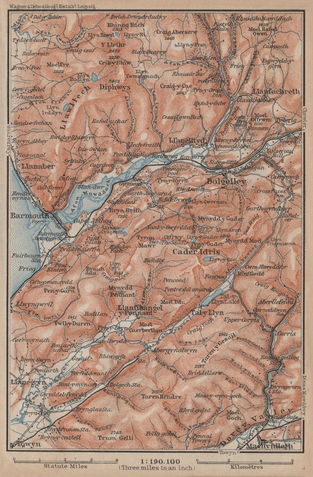 DOLGELLAU area topo-map. CADER IDRIS Barmouth Mawddach river Snowdonia 1906
