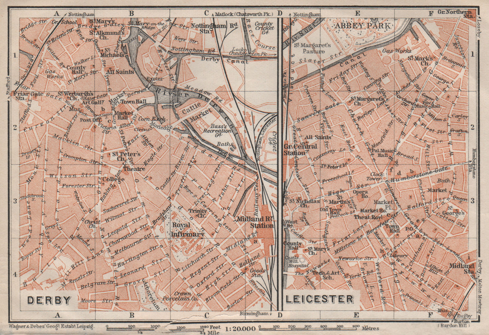 DERBY & LEICESTER antique town city plans. Midlands. BAEDEKER 1906 old map
