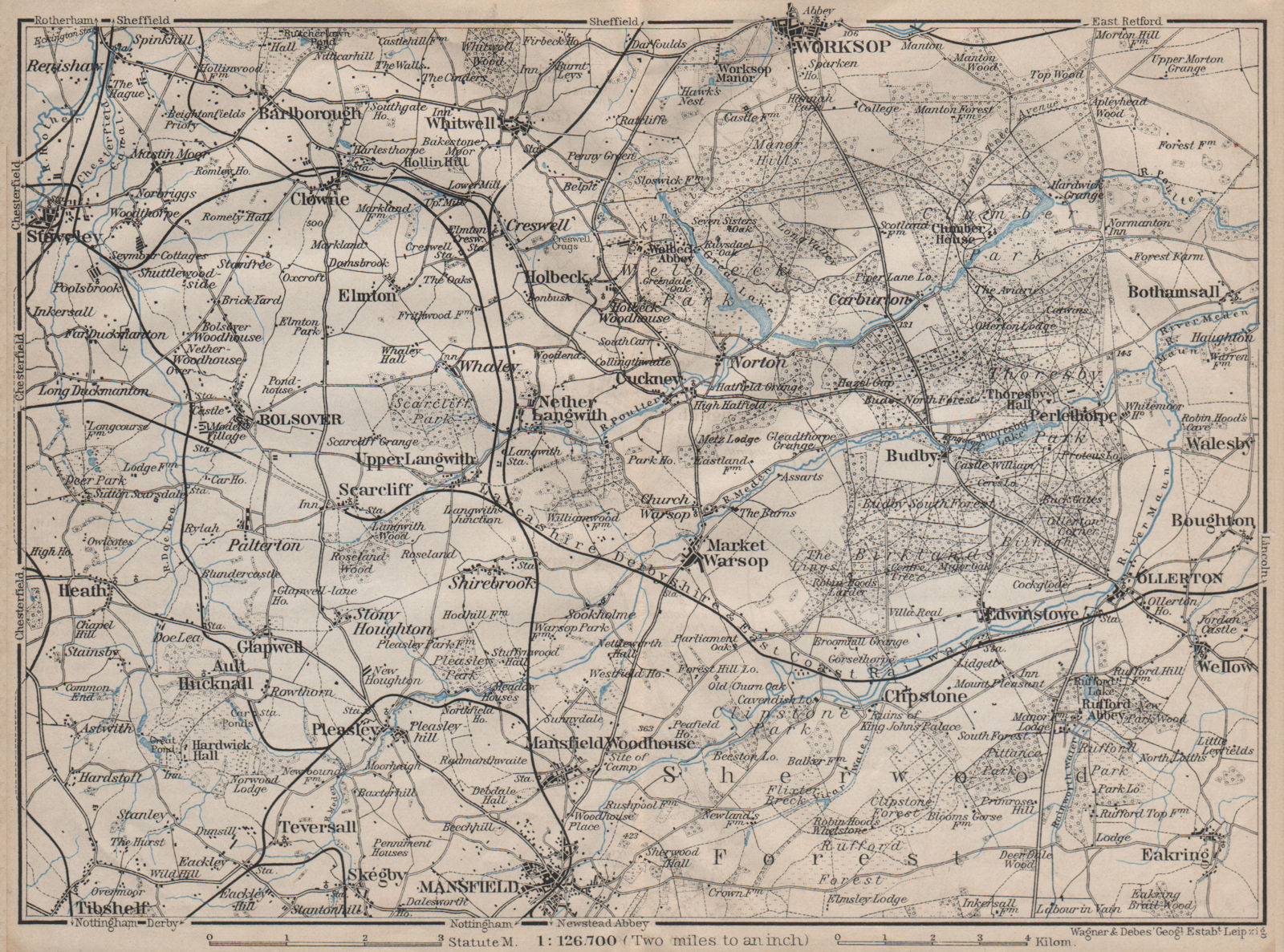 SHERWOOD FOREST & THE DUKERIES. Worksop Mansfield Ollerton Staveley 1906 map