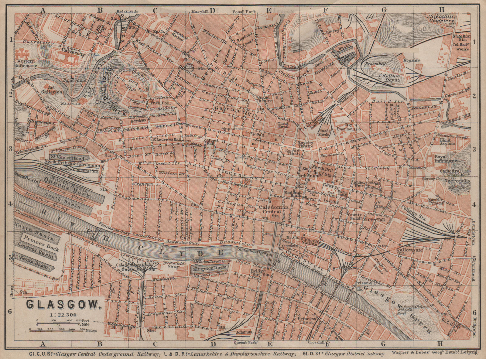 GLASGOW antique town city centre plan. Scotland. BAEDEKER 1906 old map