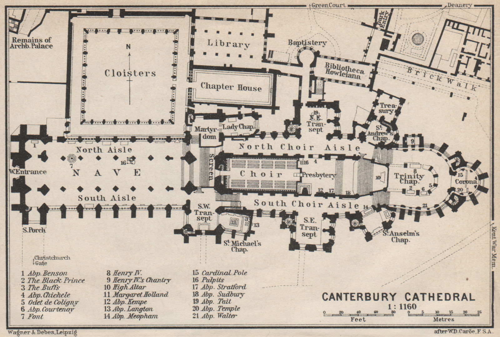 CANTERBURY CATHEDRAL ground plan. Kent. BAEDEKER 1927 old vintage map chart