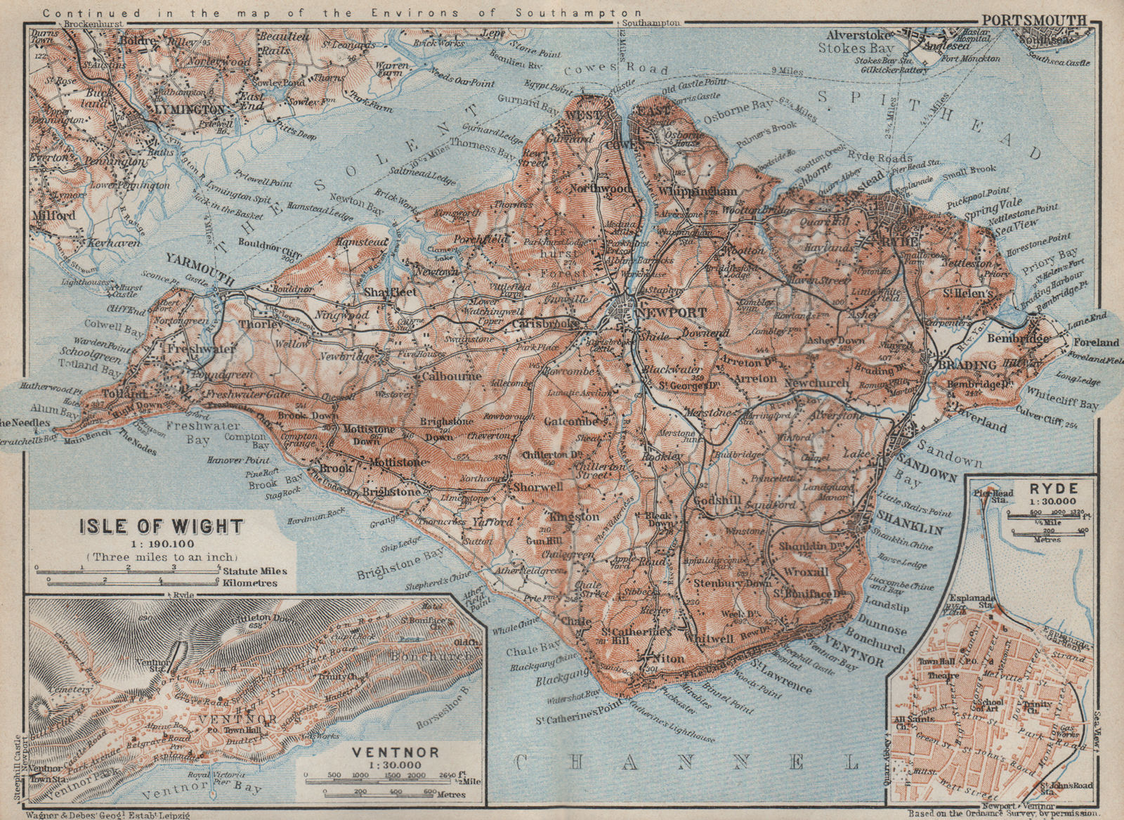 ISLE OF WIGHT Railways. VENTNOR & RYDE antique town plans. BAEDEKER 1927 map