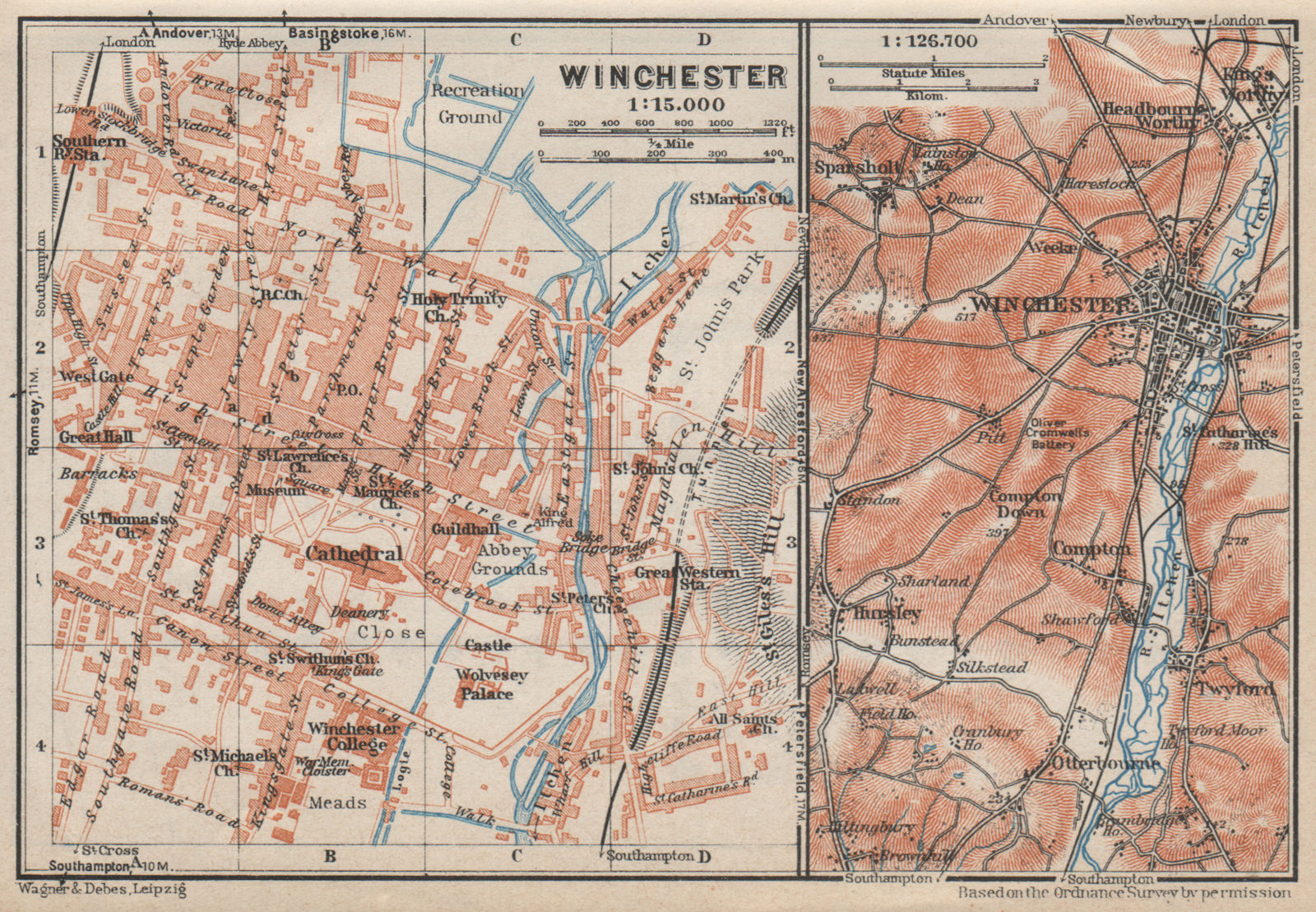 WINCHESTER antique town city plan & environs Hampshire 1910 map Itchen valley 