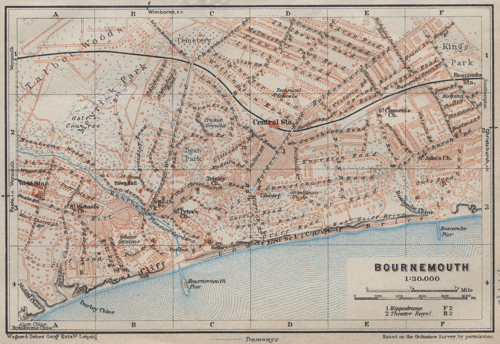 BOURNEMOUTH antique town city plan. West Cliff. Dorset. BAEDEKER 1927 old map