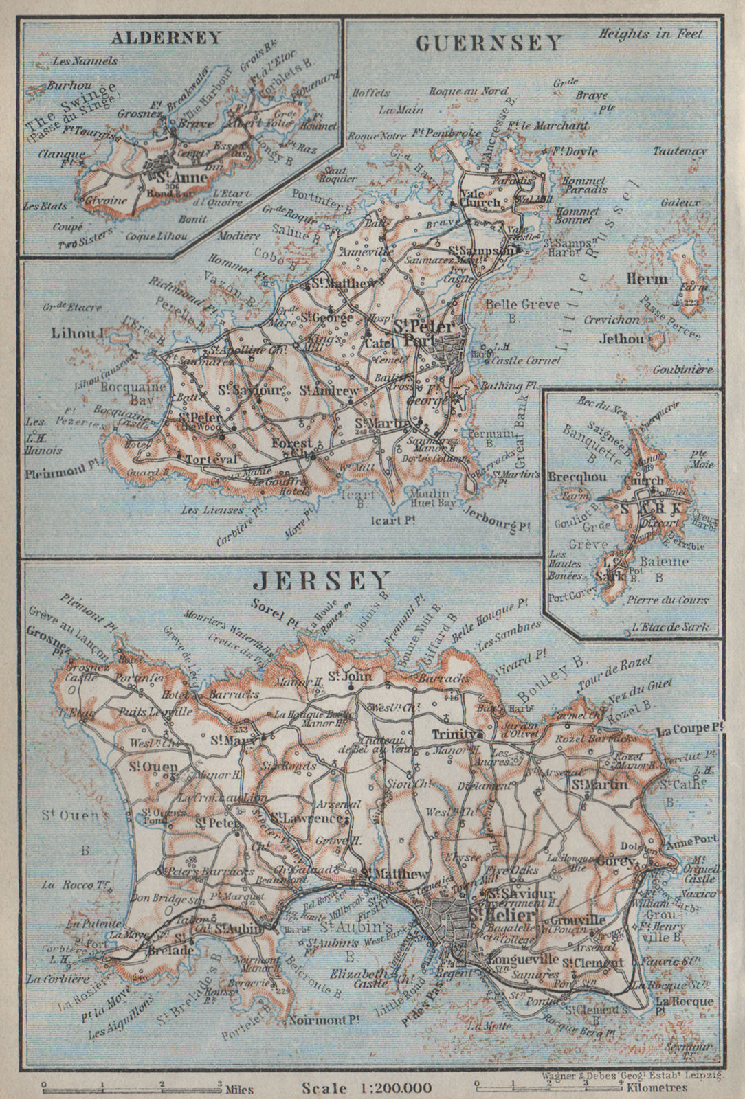 THE CHANNEL ISLANDS. Guernsey Jersey Alderney Sark. BAEDEKER 1927 old map