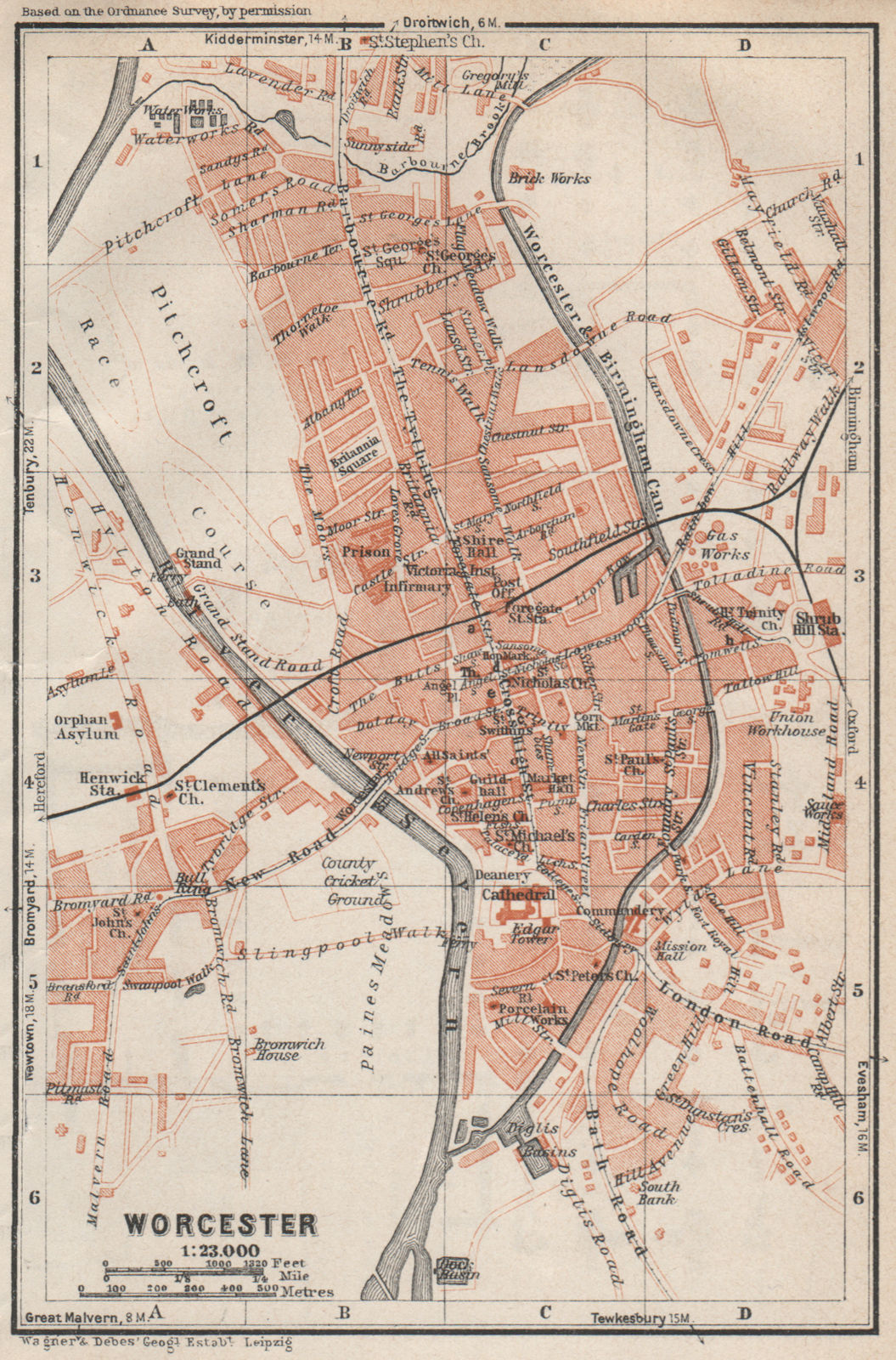 WORCESTER antique town city plan. St John's. Worcestershire. BAEDEKER 1927 map