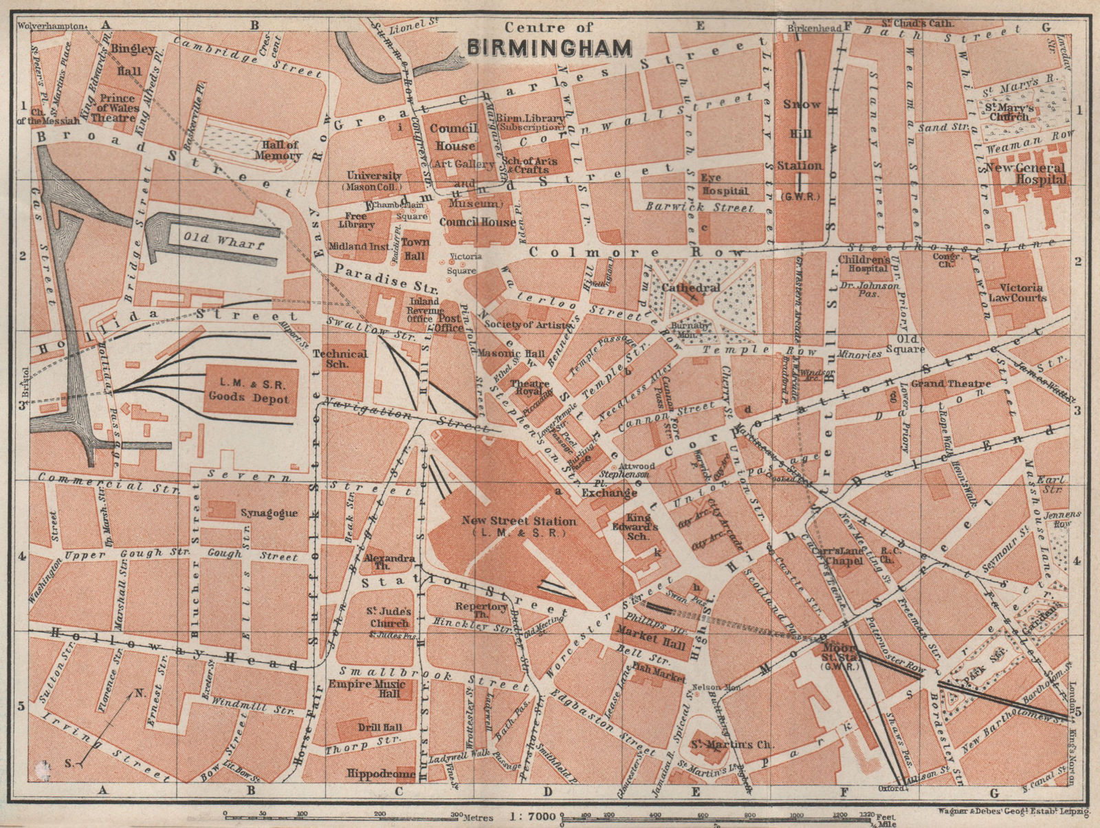 BIRMINGHAM CITY CENTRE Antique Town Plan BAEDEKER 1927 Old Map Chart   P 6 074513a 