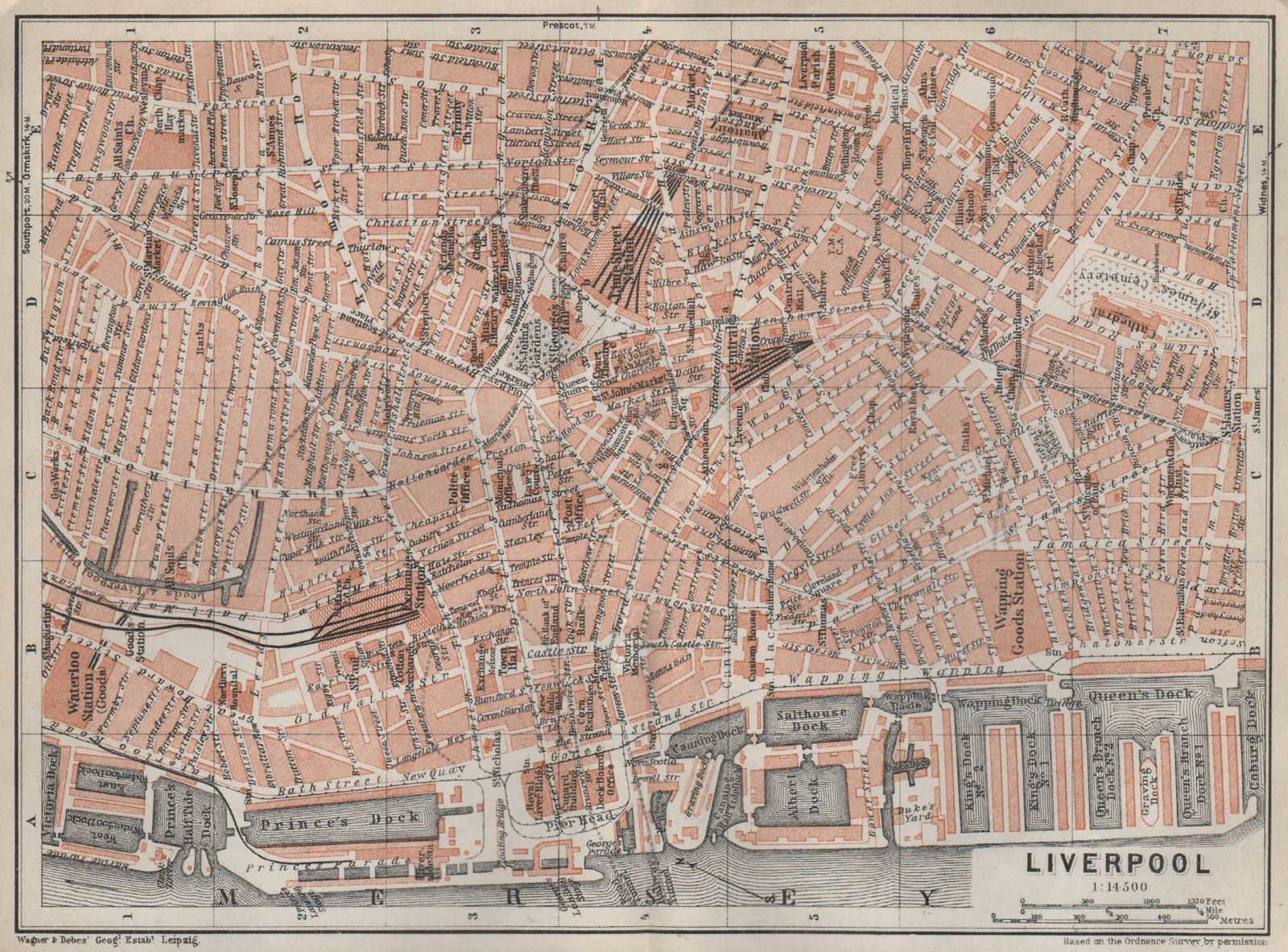 LIVERPOOL CITY CENTRE antique town plan. BAEDEKER 1927 old map chart
