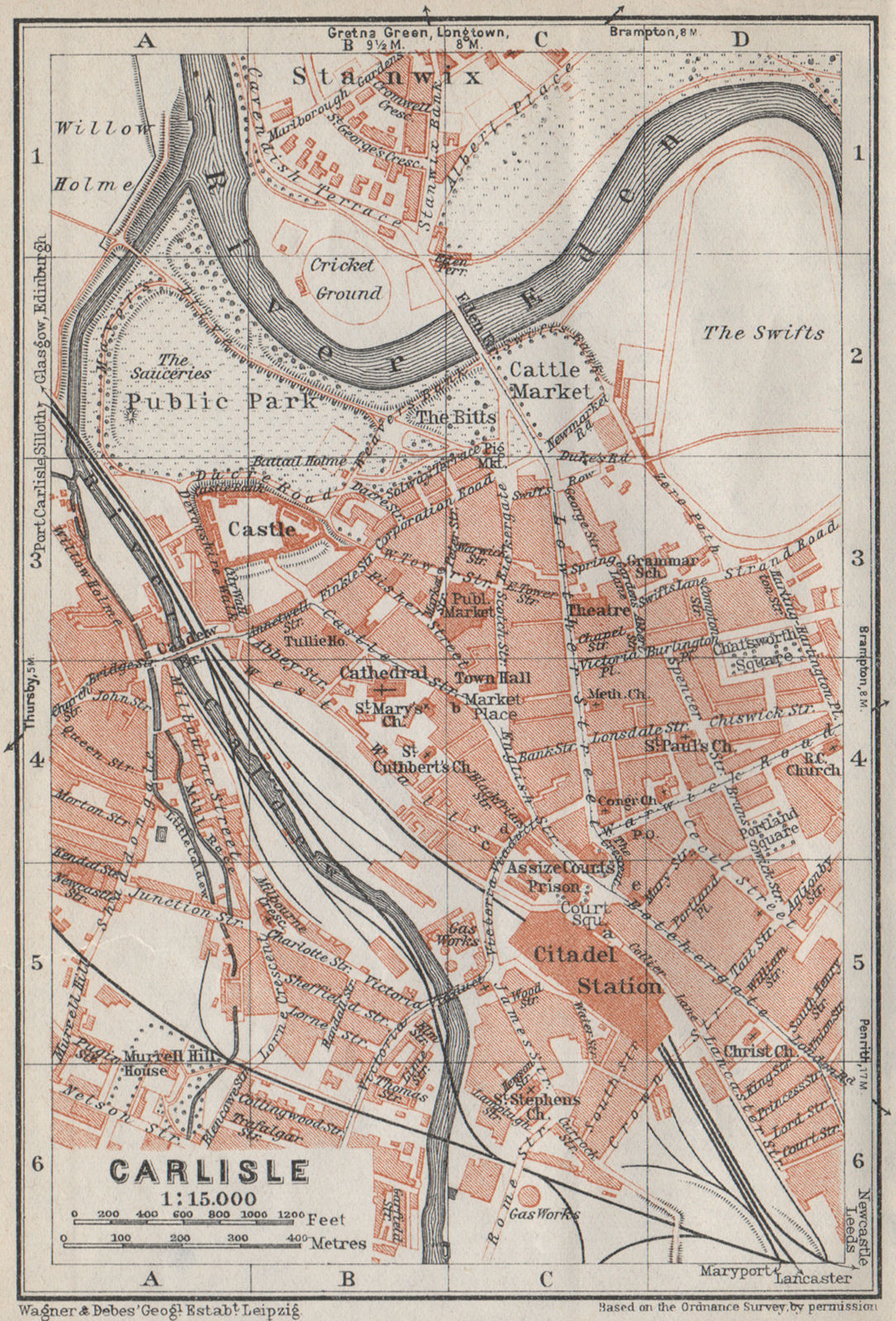 CARLISLE antique town city plan. Cumbria. BAEDEKER 1927 old map chart
