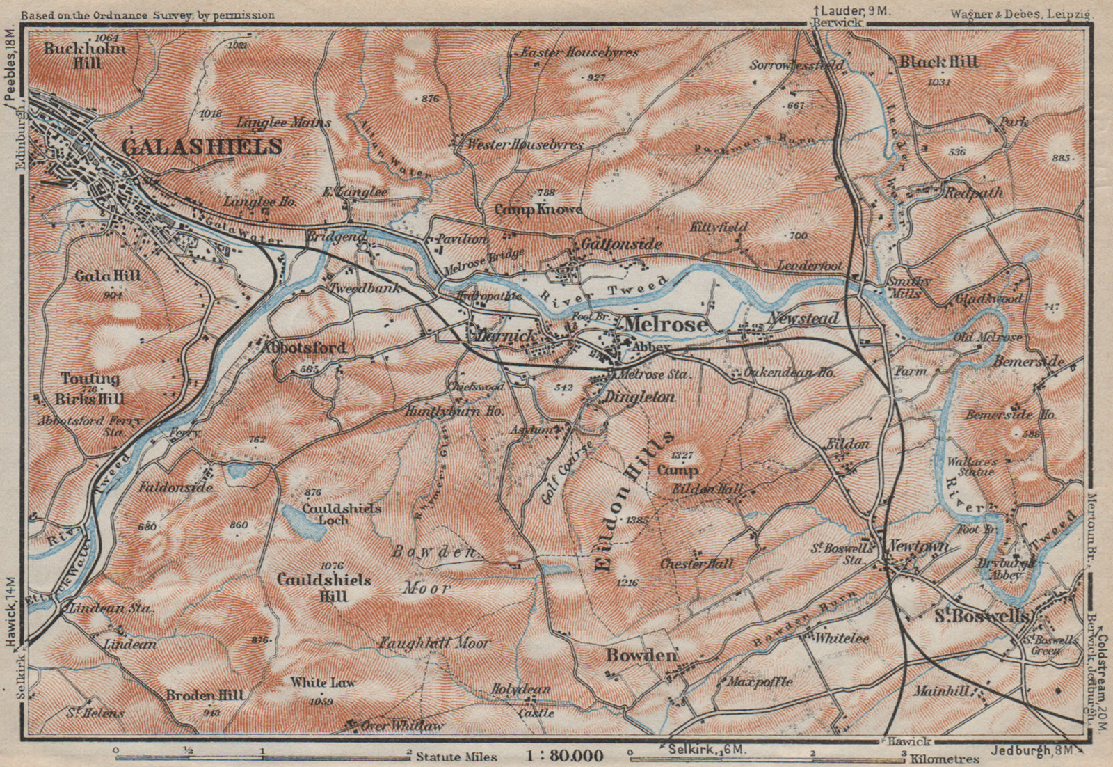 Associate Product TWEED RIVER VALLEY Melrose Abbotsford Galashiels Eildon Hills Scotland 1927 map